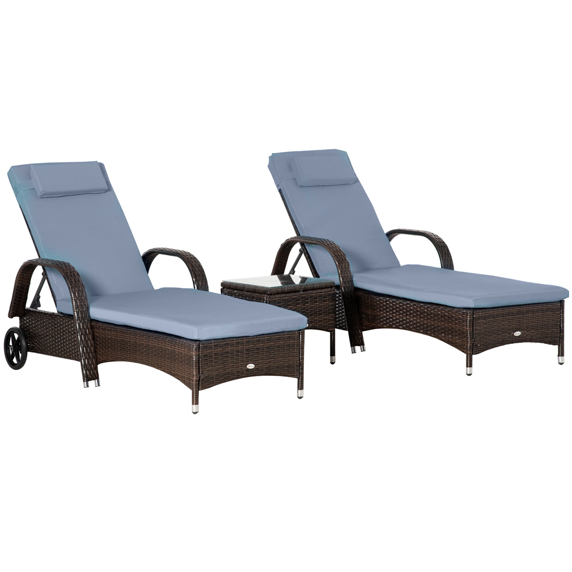 Outsunny 3 Pieces Patio Rattan Lounge Set Wheeled Wicker Chaise Lounge Chair Set Outdoor Reclining Lounger Adjustable Brown Grey