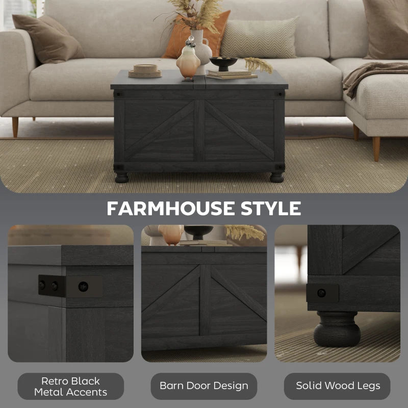 Coffee Table with Lift Top, 32" Farmhouse Center Table with Hidden Compartment for Living Room, Black Wood Grain