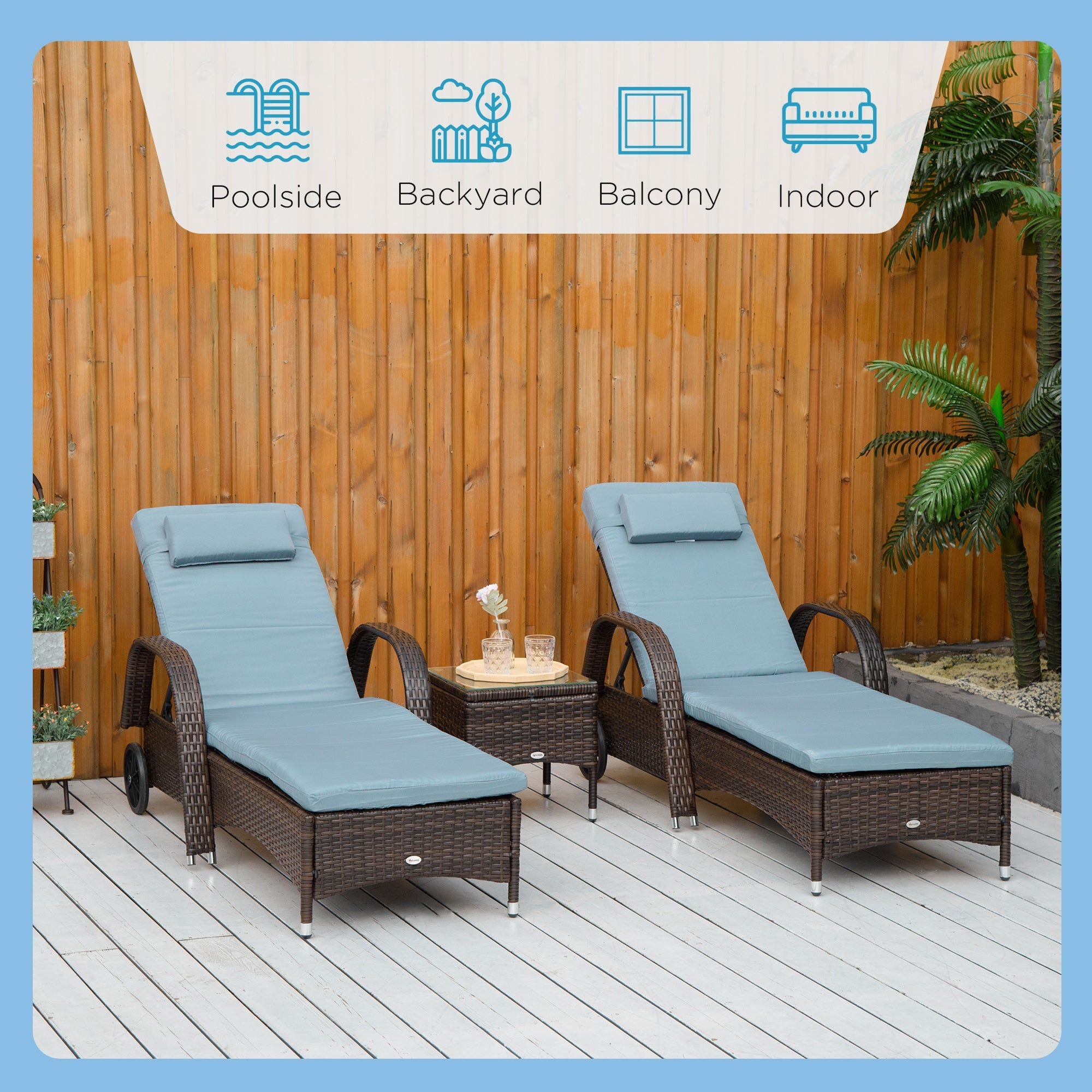 Outsunny 3 Pieces Patio Rattan Lounge Set Wheeled Wicker Chaise Lounge Chair Set Outdoor Reclining Lounger Adjustable Brown Grey