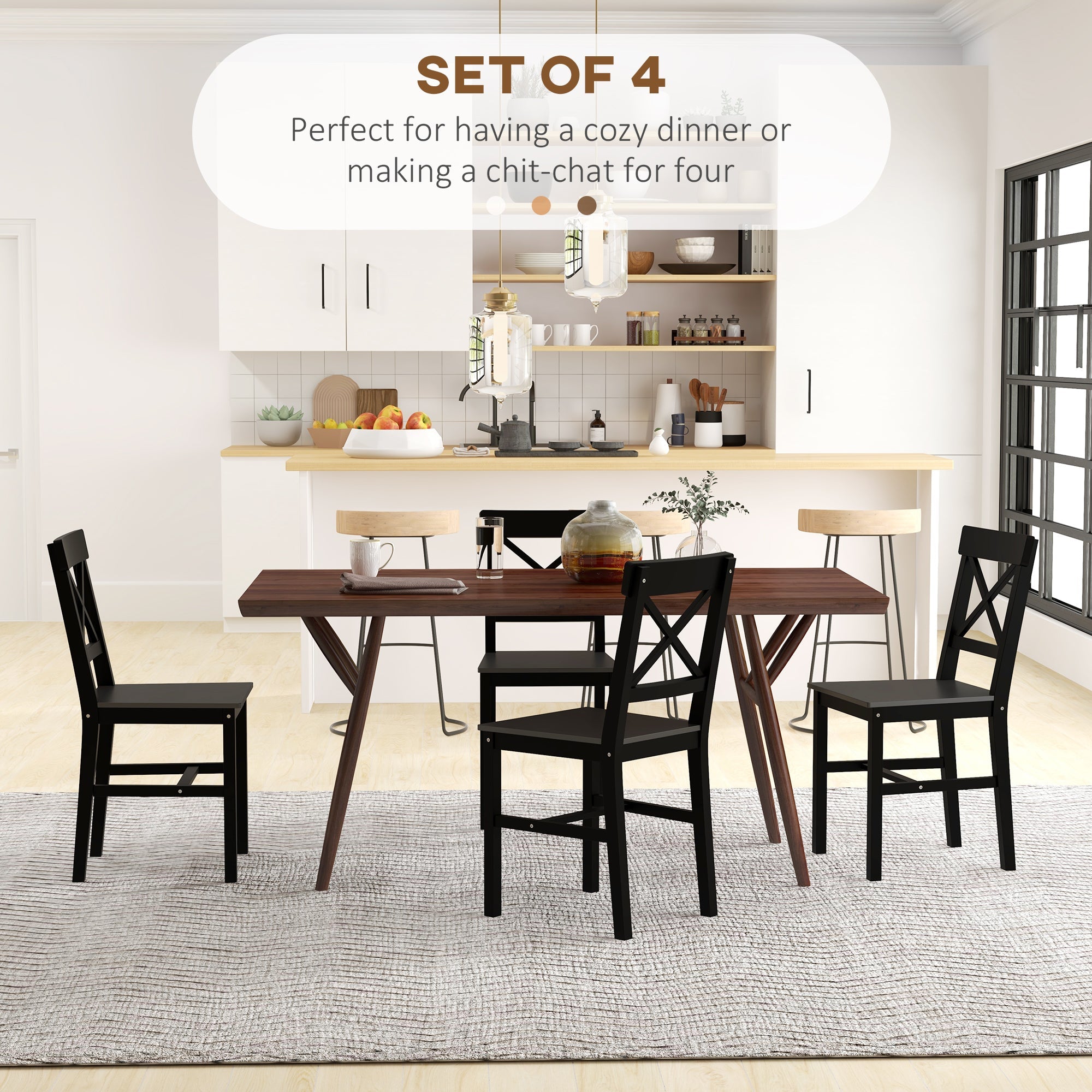HOMCOM 4 Pc Farmhouse Dining Chair Set Wooden Cross Back Elegant Design Black for Kitchen Room Comfort & Durability