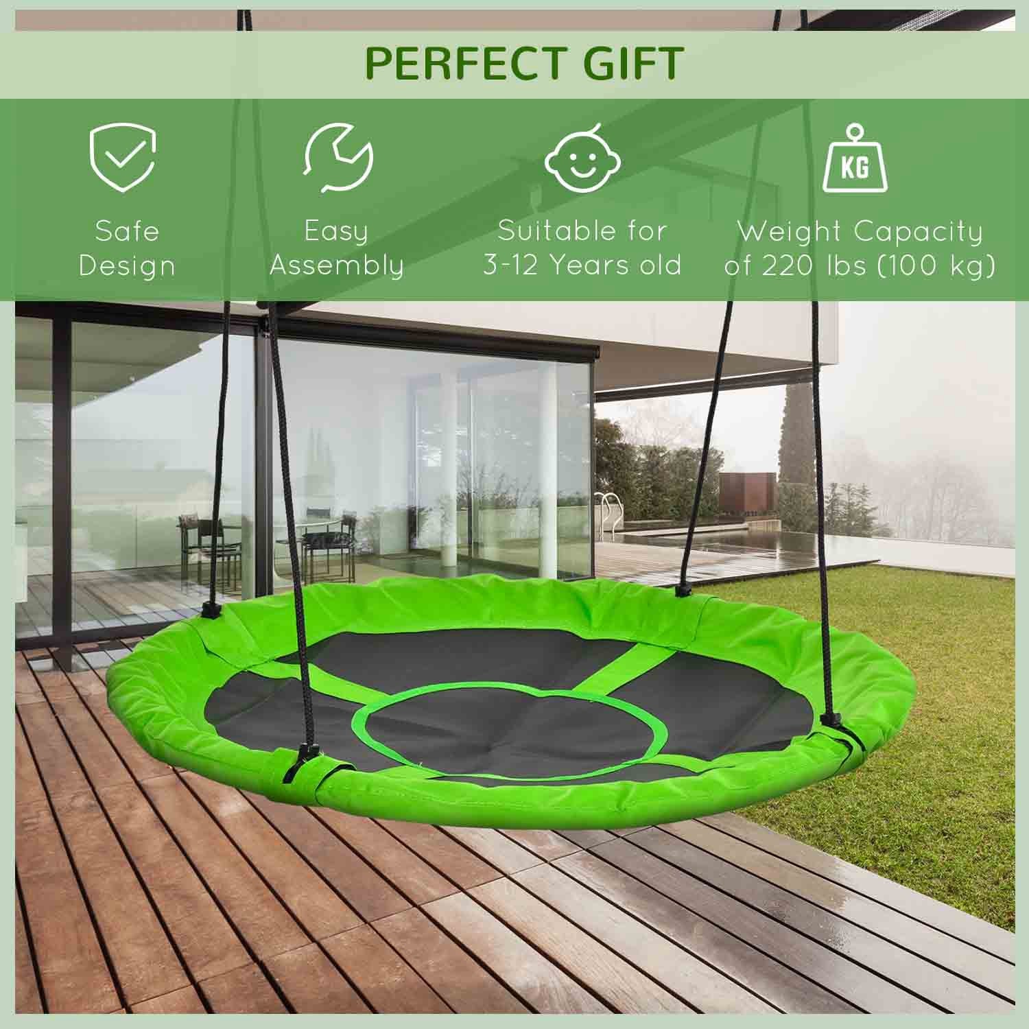 Outsunny 43.25" Saucer Swing, Nest Web Rope Seat with Adjustable Hanging Ropes, for Indoor Outdoor Children 3-12 Years Old, Green