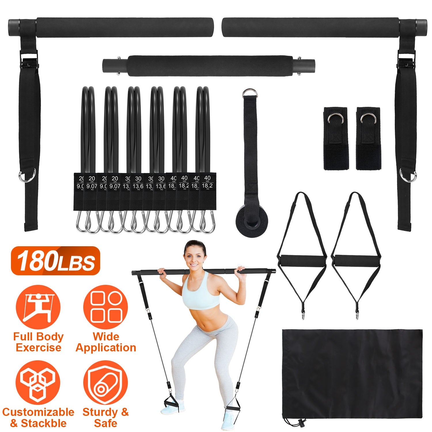 Pilates Bar Kit with 180LBS Resistance Bands Multifunctional Pilates Yoga Toning Bar Full Body Exercise Equipment Set for Beginners Intermediates Prof
