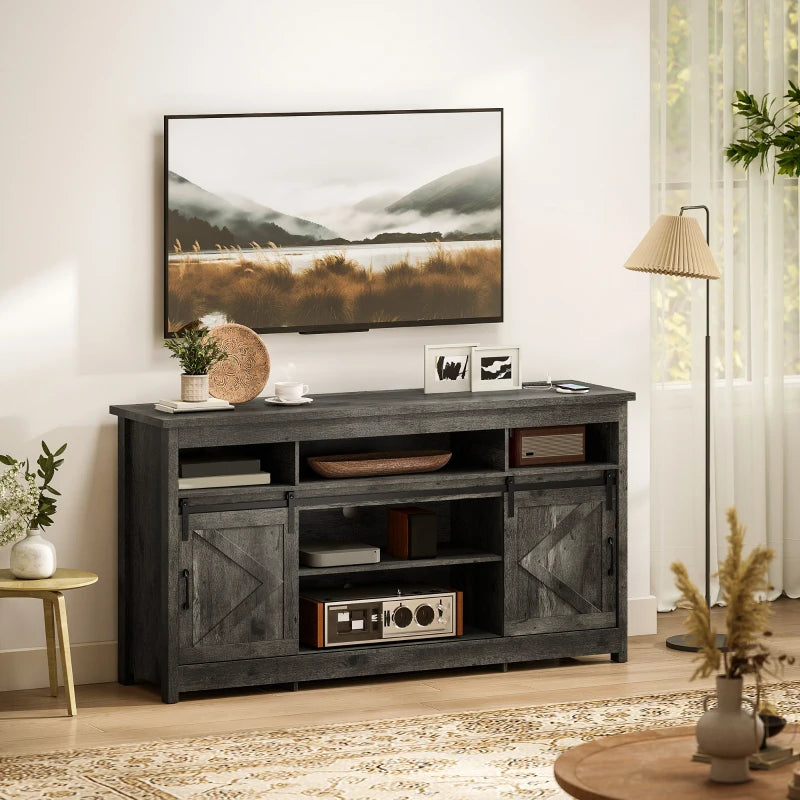 TV Stand with Power Outlets, Sliding Barn Doors and Adjustable Shelves for 72 Inch TVs, Dark Grey