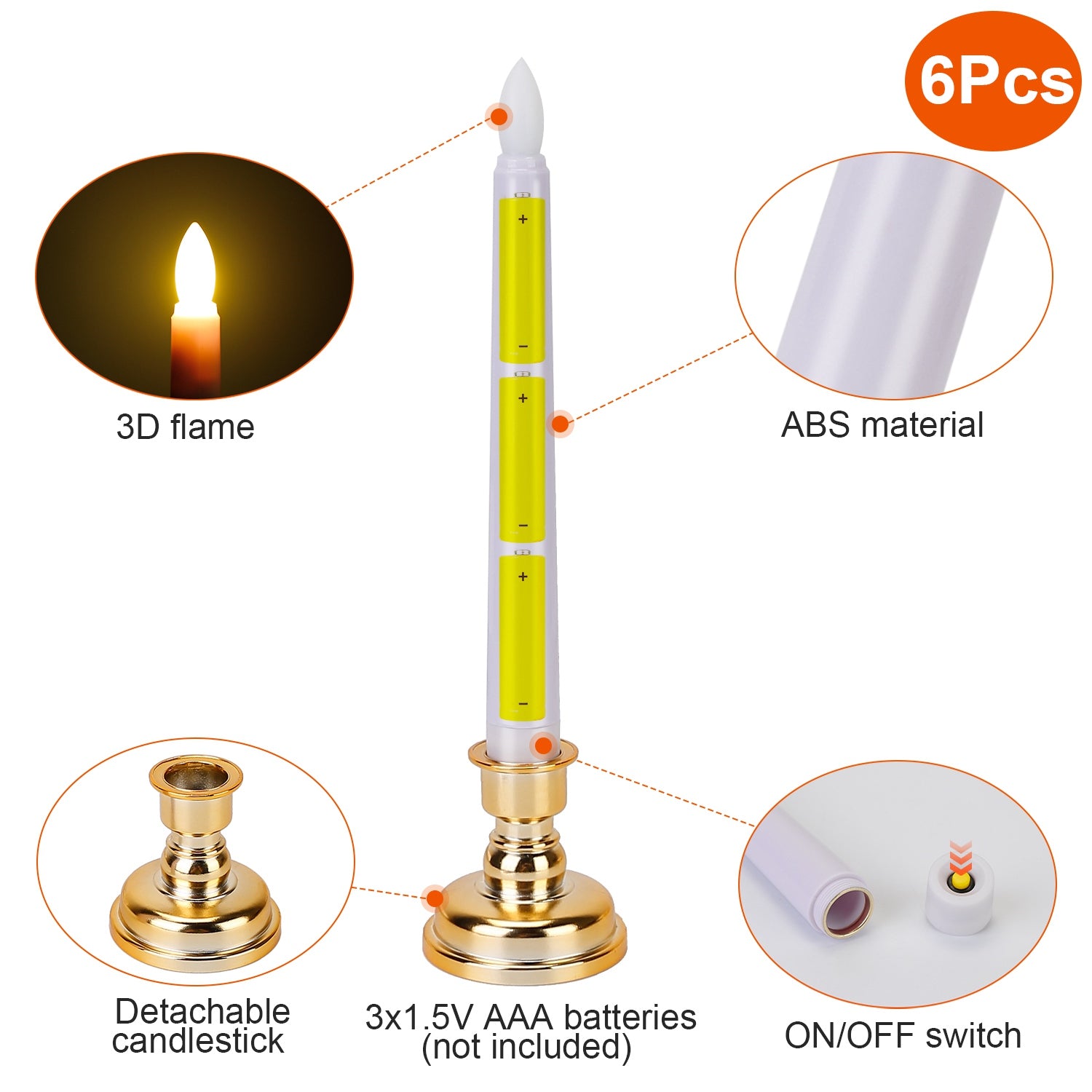 6 Packs Flameless Taper Candles 9.8in Electric LED Candles Warm White w/ 4 Light Modes Remote Control Timer Removable Candlesticks