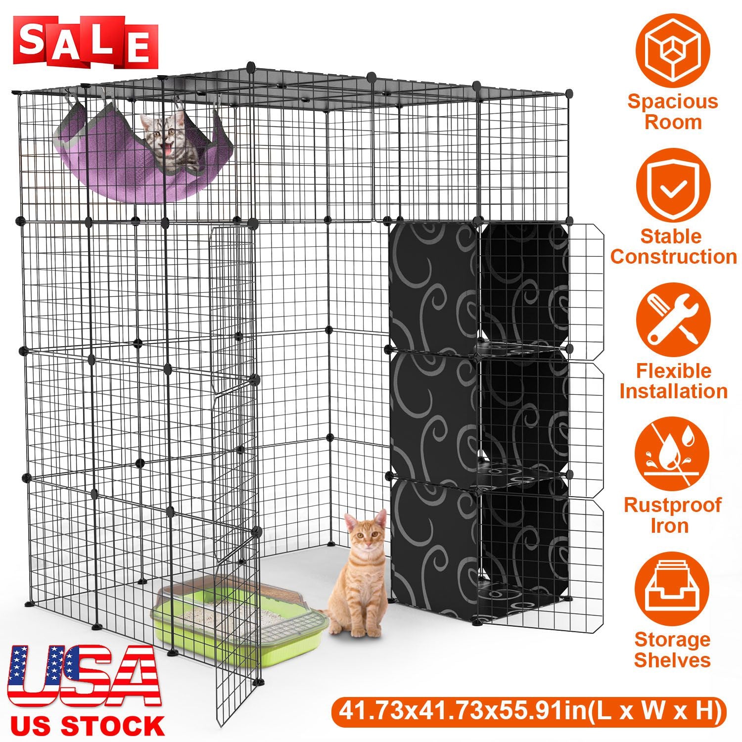 4Tier Cat Playpen Cage Black Iron Indoor Cat House Detachable Kitten House with Storage Shelves Cat Hammock Flexible Installation For 1-4Cats Exercise