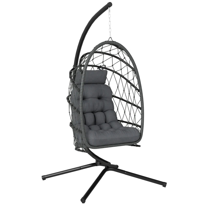 Hanging Egg Chair with Stand, Foldable Wicker Rattan Swing Chair with Thick Cushion, Dust Cover and Safety Rope, Grey