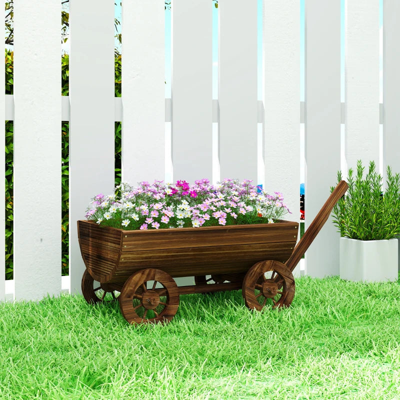 Wooden Wagon Planter Box, Mobile Garden Planter with 4 Wheels, Small Wheelbarrow Wagon Flower Cart with Drainage Holes