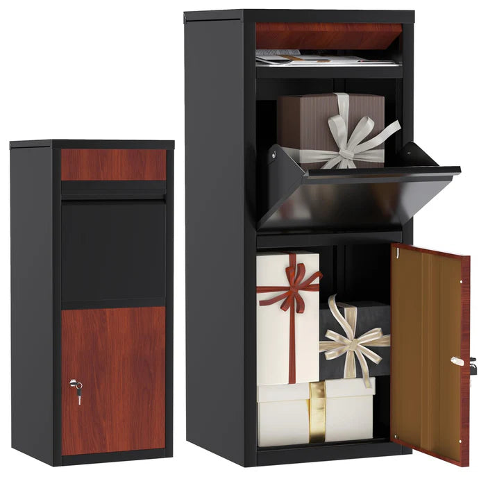 Lockable Package Delivery Box for Outside | Anti-Theft Parcel Drop Box, Weatherproof Galvanized Steel, Black