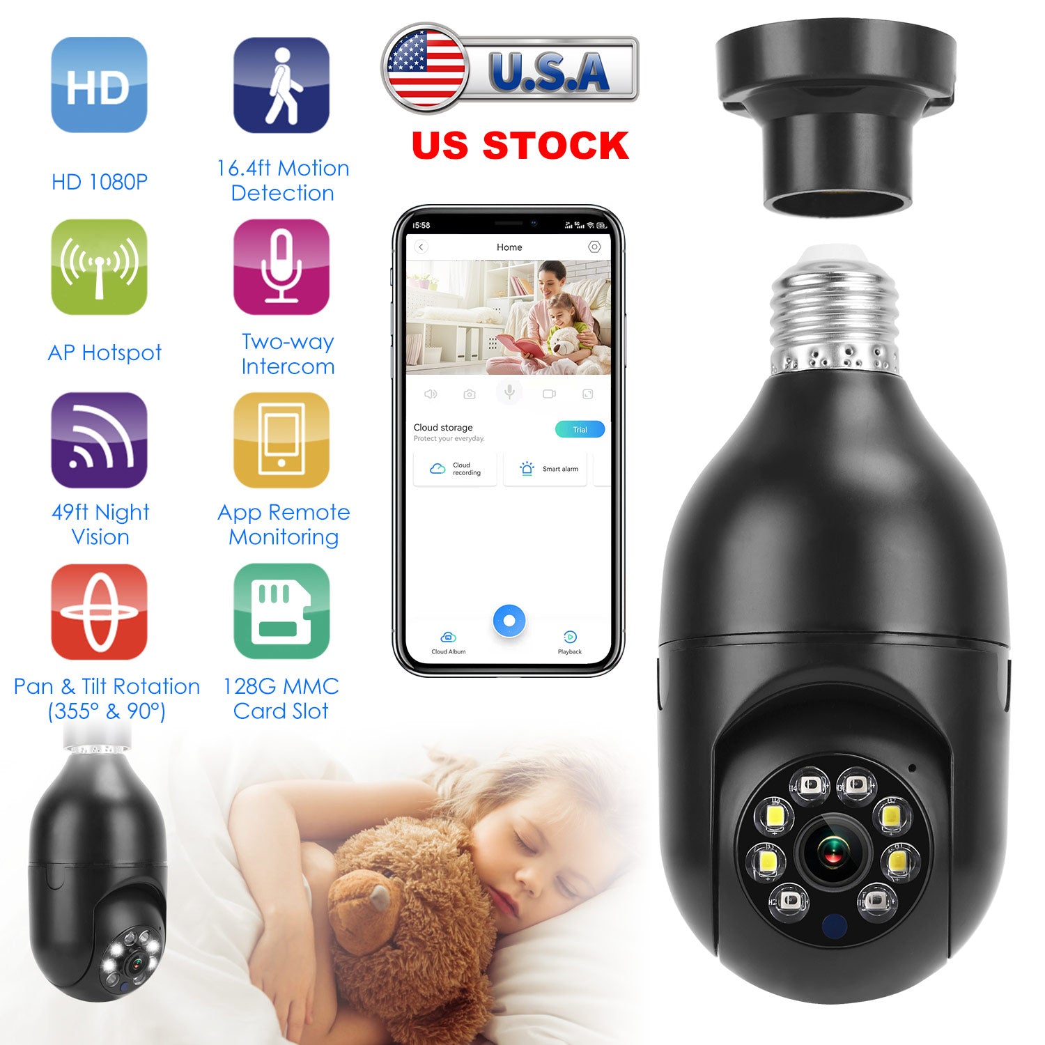 E27 WiFi Bulb Camera 1080P FHD WiFi IP Pan Tilt Security Surveillance Camera with Two-Way Audio Night Vision Motion Detection Function APP Control