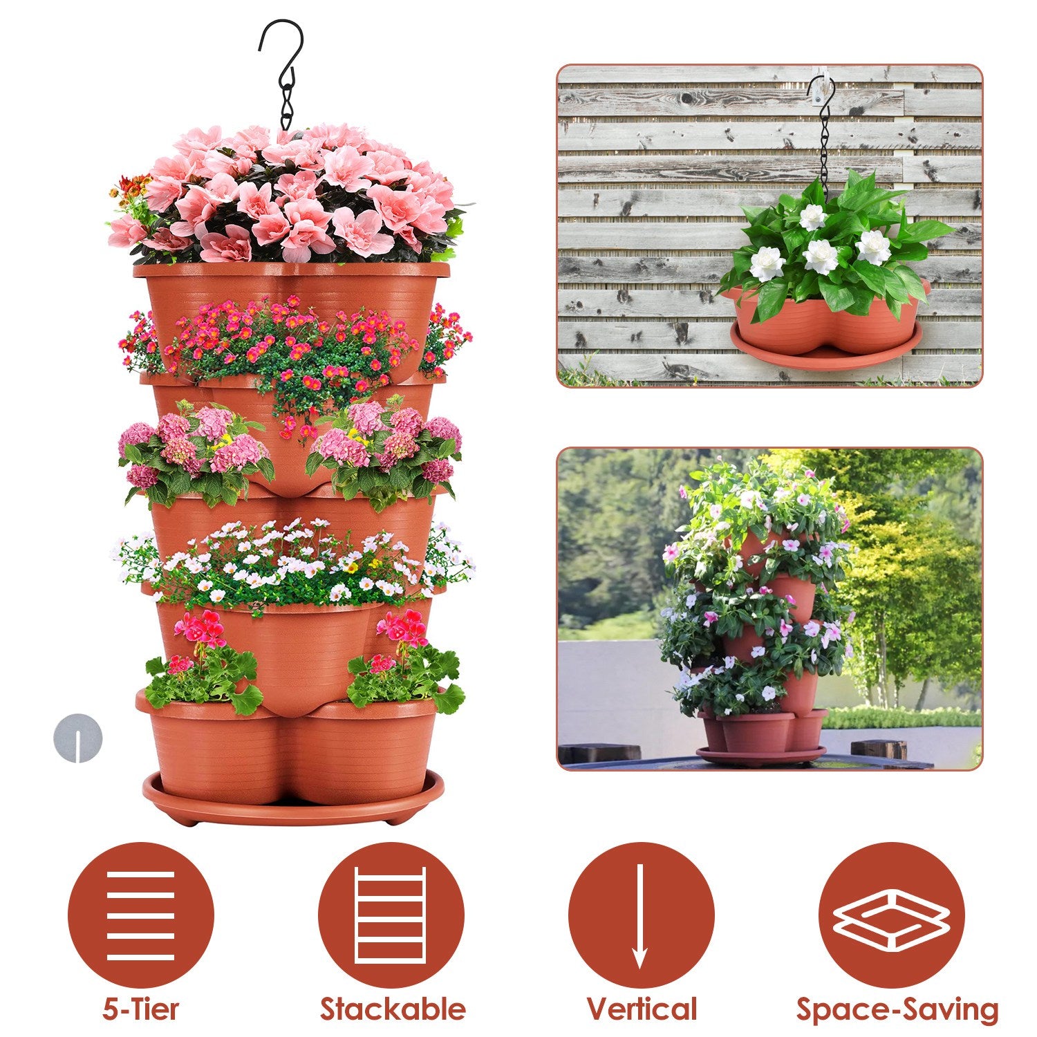 5 Tier Vertical Stackable Planter Garden Tower Stackable Planter Outdoor Gardening Pots for Strawberries Flowers Herbs Vegetables
