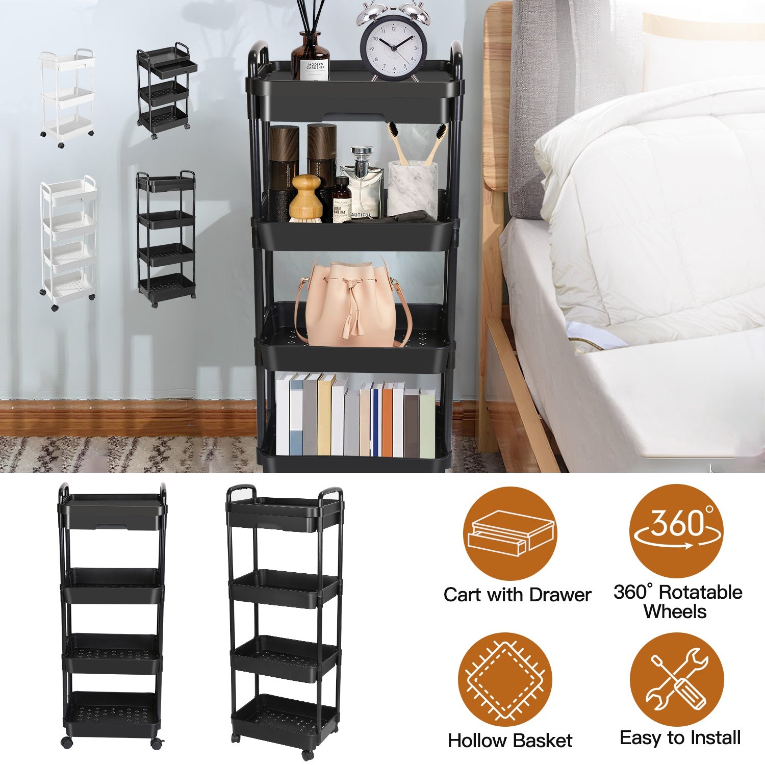 4 Tier Rolling Utility Cart Movable Storage Organizer with Drawer Lockable Wheels 360 Degree Rotatable Hallow Design for Bedroom Bathroom Kitchen
