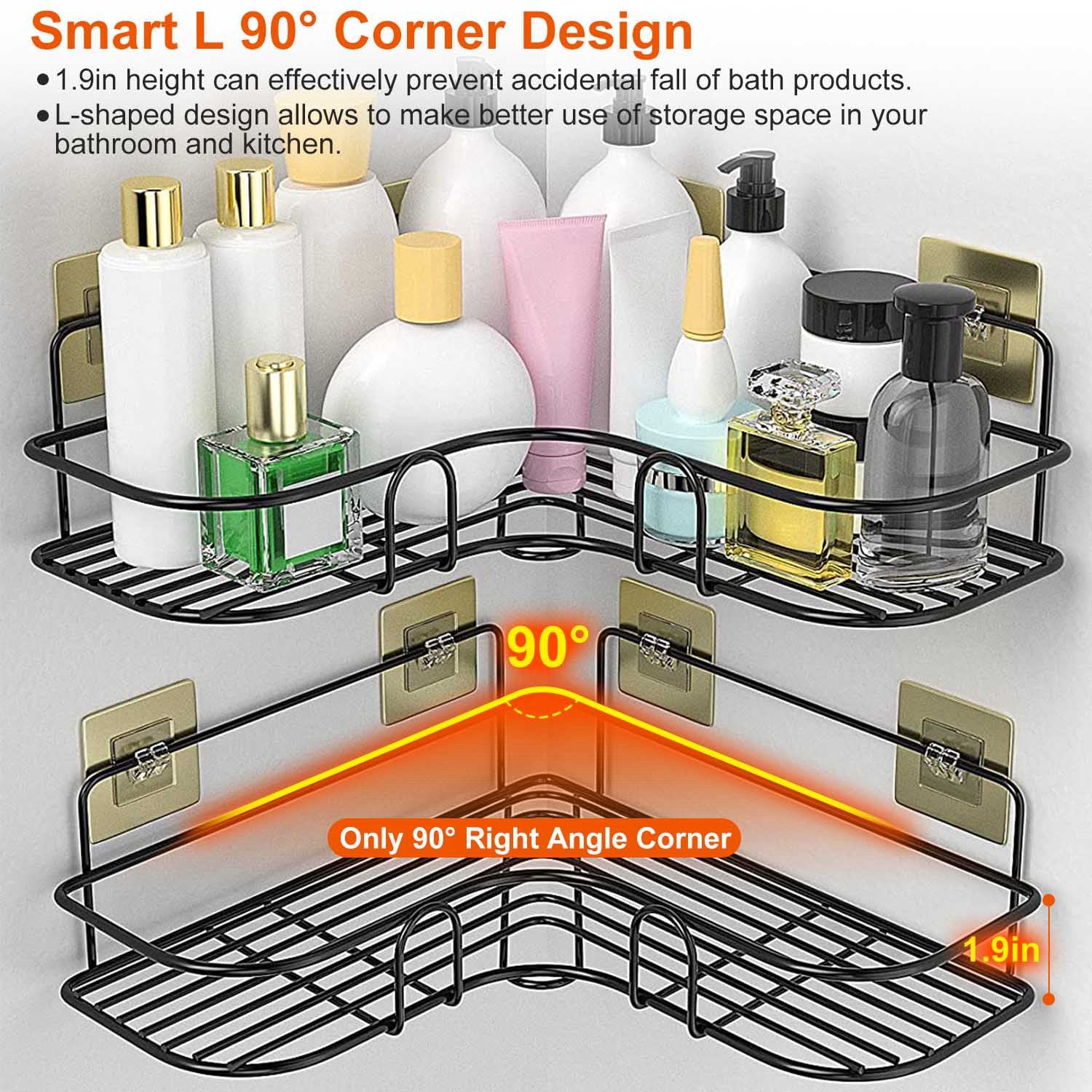 2Pcs Corner Shower Caddy Shelves Wall Mounted Basket Rack Bathroom Shampoo Holder Storage Organizer W/ 8Pcs Adhesive Hooks For Toilet Dorm Kitchen