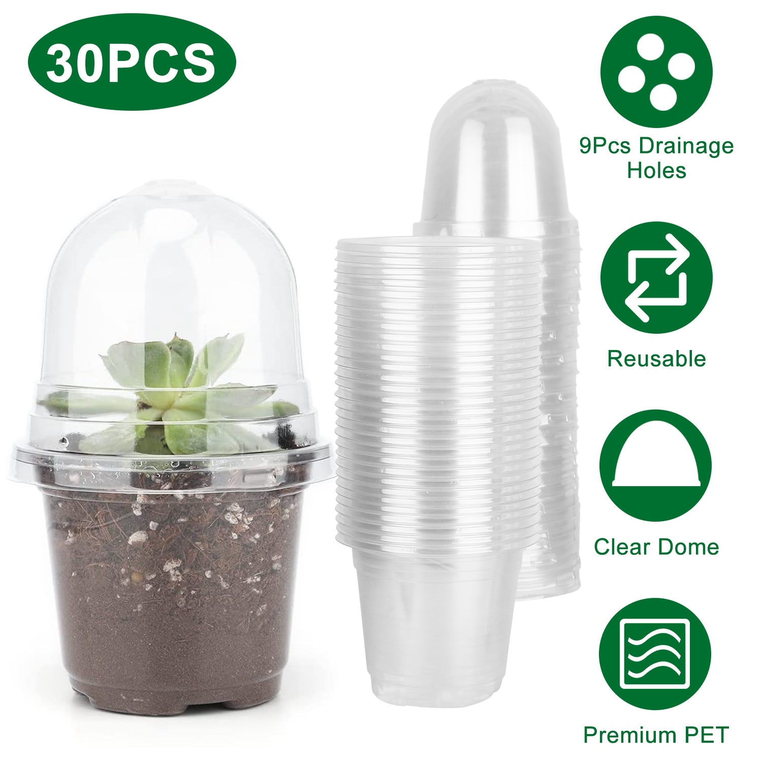 30Pcs Plant Nursery Pots PET Flower Seed Starting Pots Container with Dome with Drainage Holes