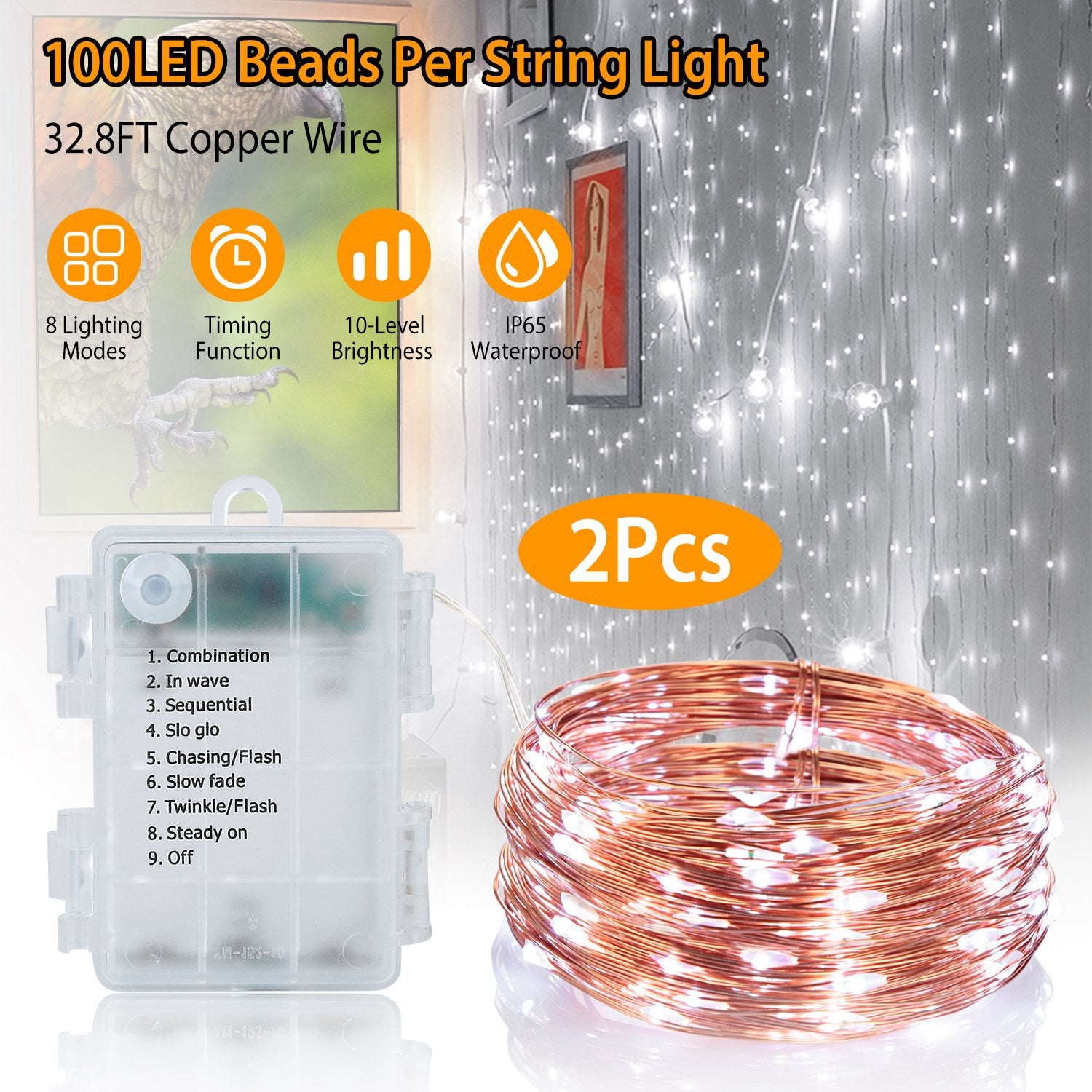 2Pcs LED String Lights 100LED Beads 32.8FT Copper Fairy Lights IP65 Waterproof Battery Operated Flash Lights with Remote Control For Wedding Party Jar