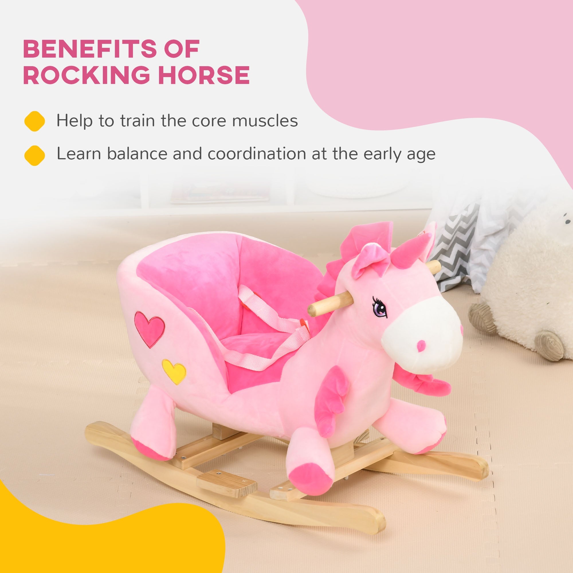 Qaba Rocking Unicorn for Babies - Ride On Horse with Songs, Toddler Rocker with Safety Belt, 1.5-3 Years, Pink