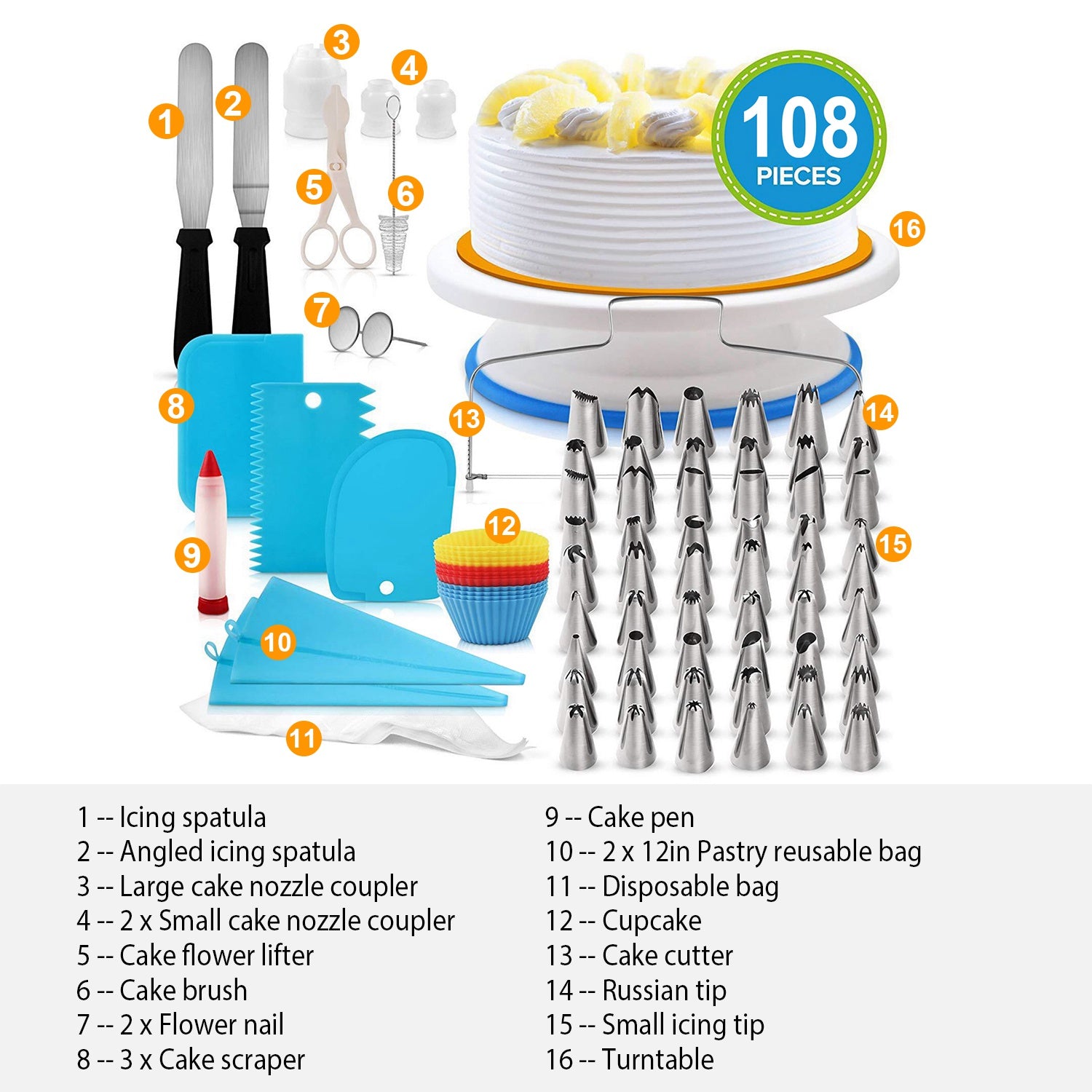 11in Rotating Cake Turntable 108Pcs Cake Decorating Supplies Kit Revolving Cake Table Stand Base Baking Tools