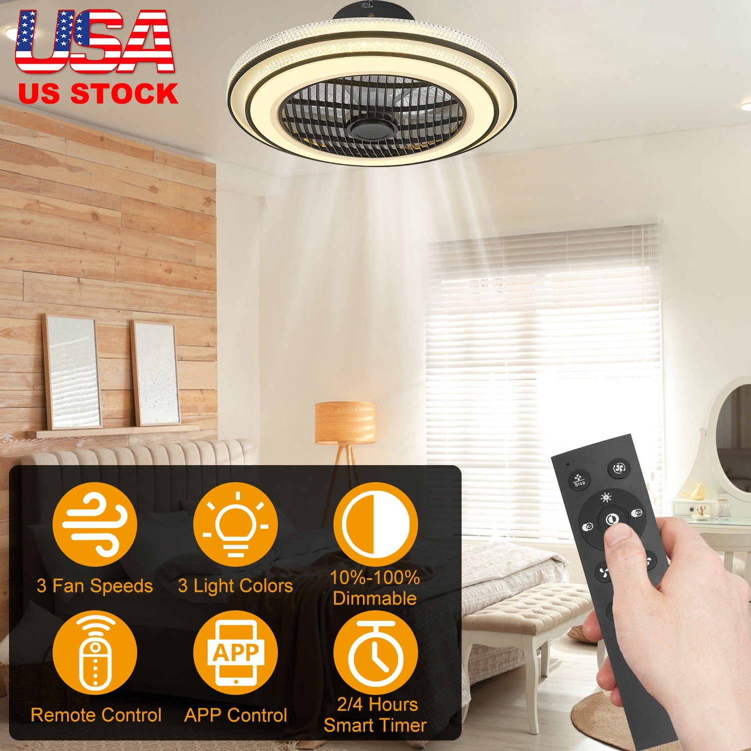 20.5in Ceiling Fan with Light Round Pendant Fan Lamp 30W LED Ceiling Fan with 3-Fan Speed Remote Control Timer APP Control