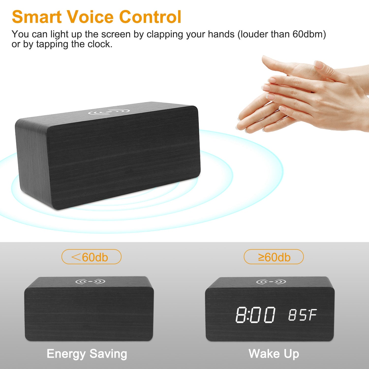 Digital Alarm Clock Qi-Wireless Charger Time Temperature Calendar Display Clock w/ Voice Control Brightness Adjustment (Bamboo Color)