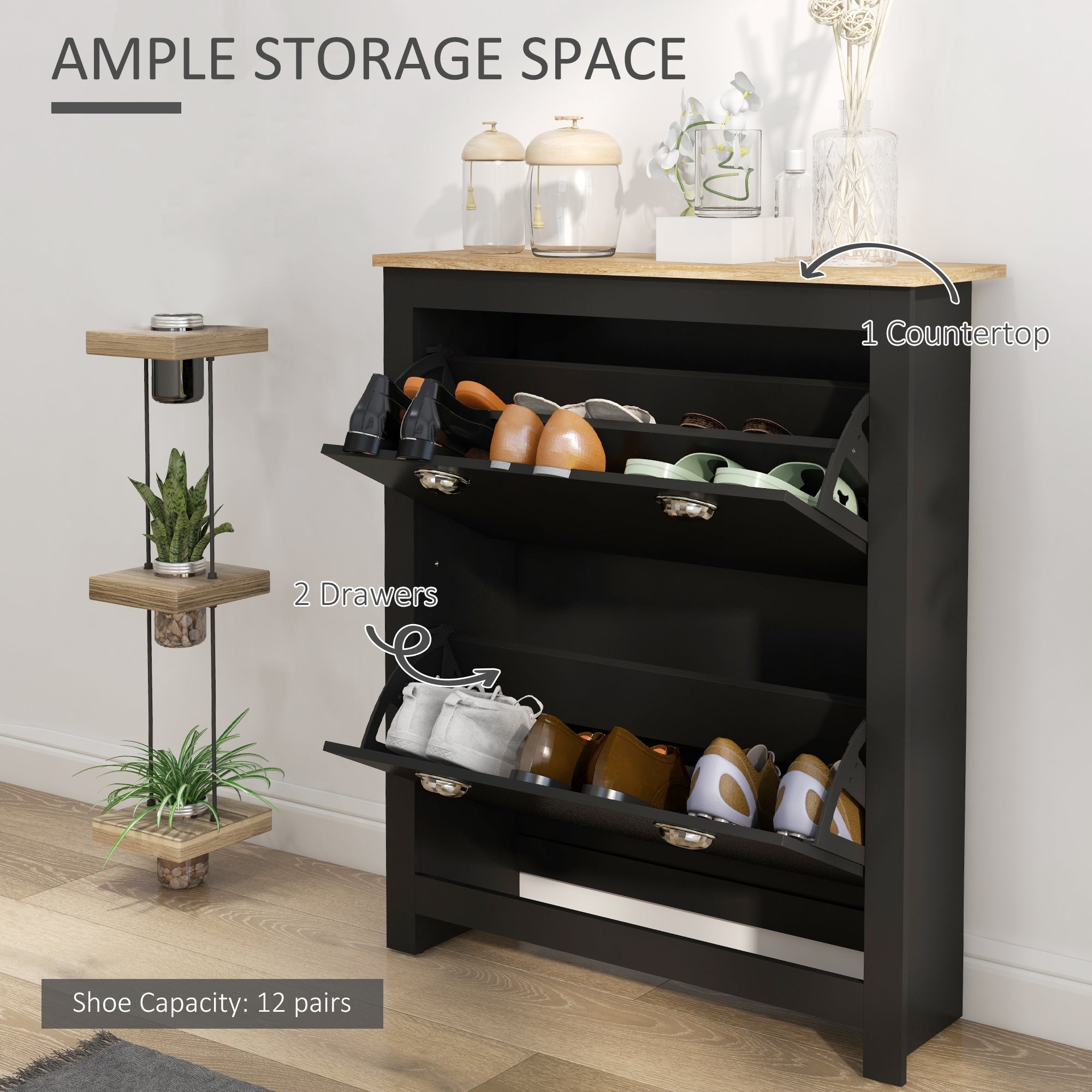 HOMCOM Entryway Shoe Storage Cabinet: 2 Flip Drawers, Adjustable Shelves, 12 Pair Organizer for Hallway, Black