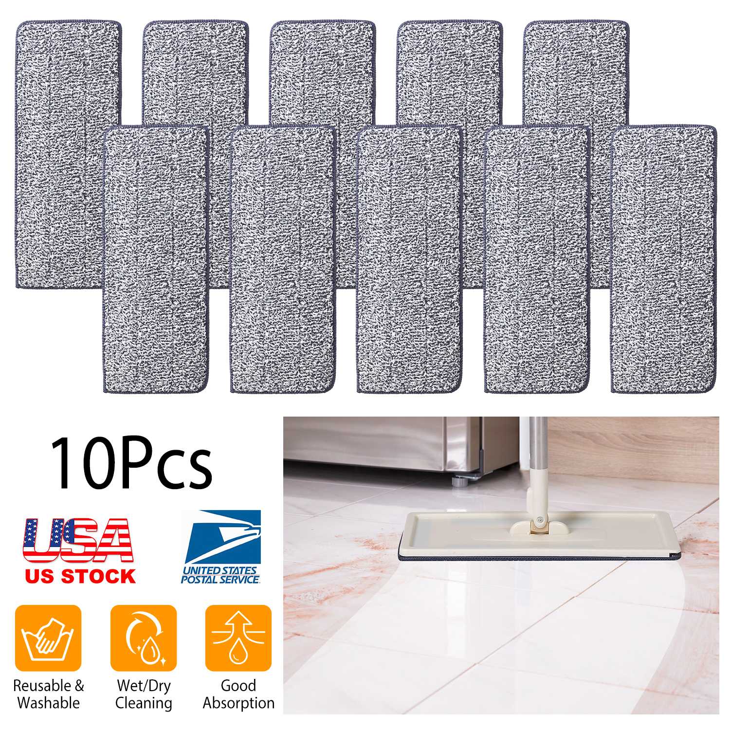 10Pcs Microfiber Mop Pads Reusable Washable Cloth Mop Flat Replacements Head 12.2x4.9in for Wet/Dry Floor Cleaning