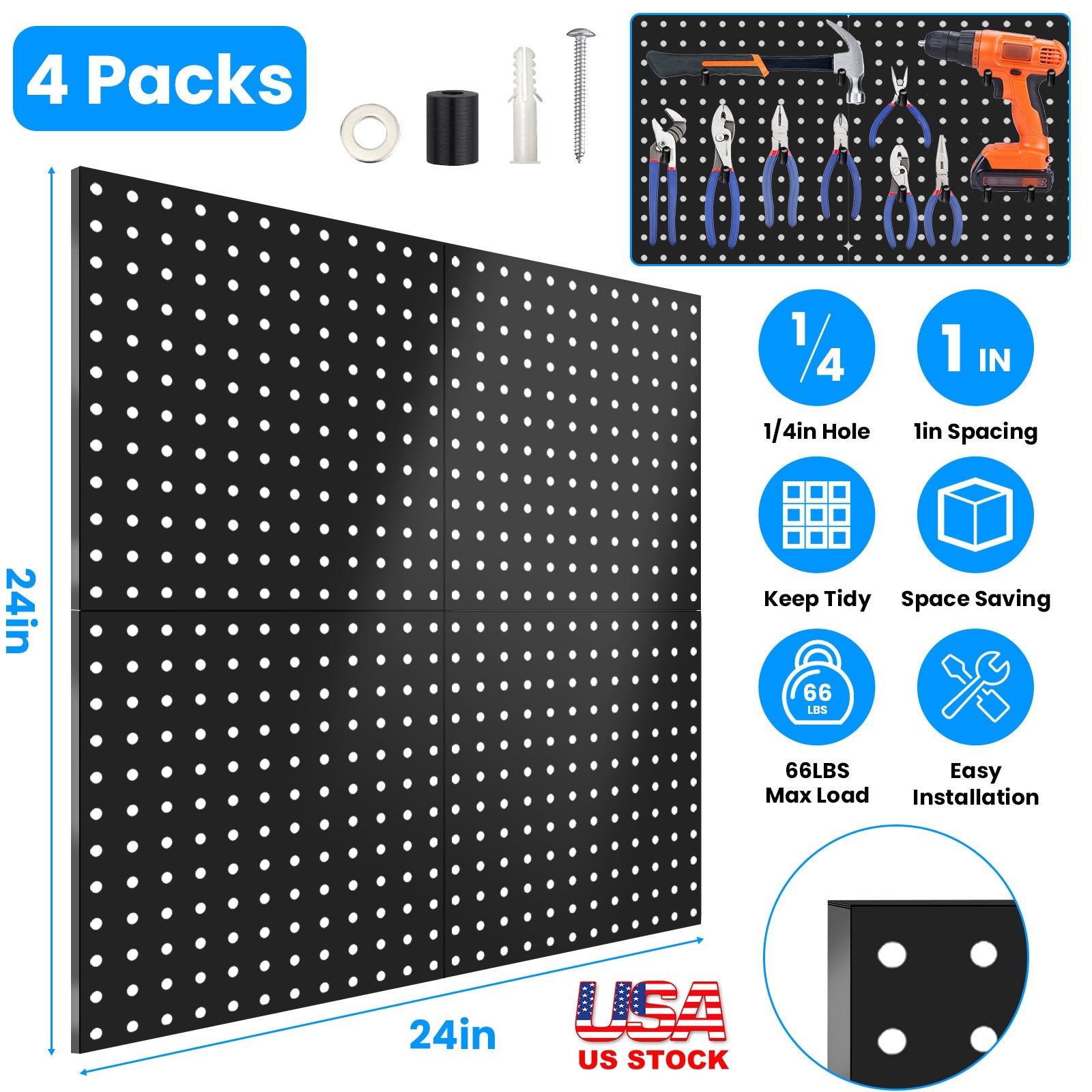 4 Packs Metal Pegboards Black Peg Boards Wall Organizer Panel Board Storage Hanger Tool with 1” Spacing 1/4” Hole for Office Garage Basement Craft Roo