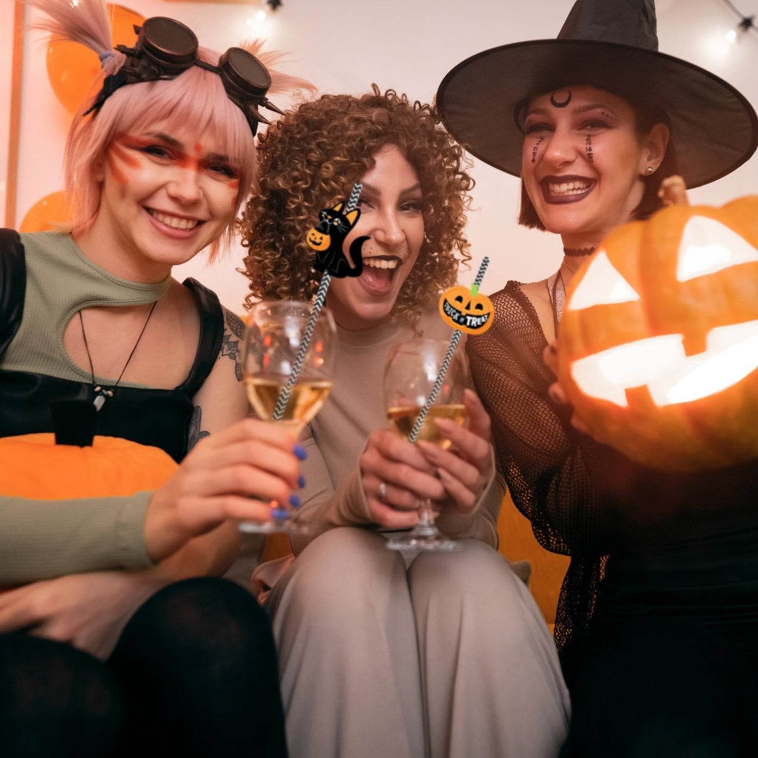 Set Of 25Pcs Halloween Party Striped Decorative Straws Disposable Drinking Straws Paper Straw Decor Happy Halloween Ghost Lantern Black Cat Halloween Party Supplies