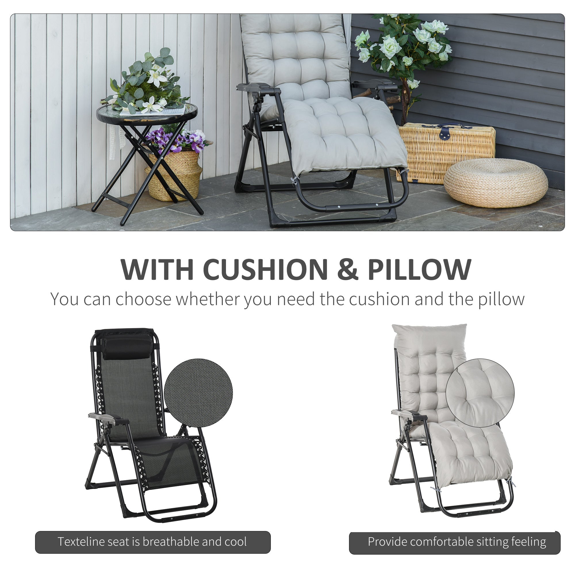 Outsunny Zero Gravity Reclining Chair - Folding Sun Lounger with Cushion & Headrest for Ultimate Relaxation, Black