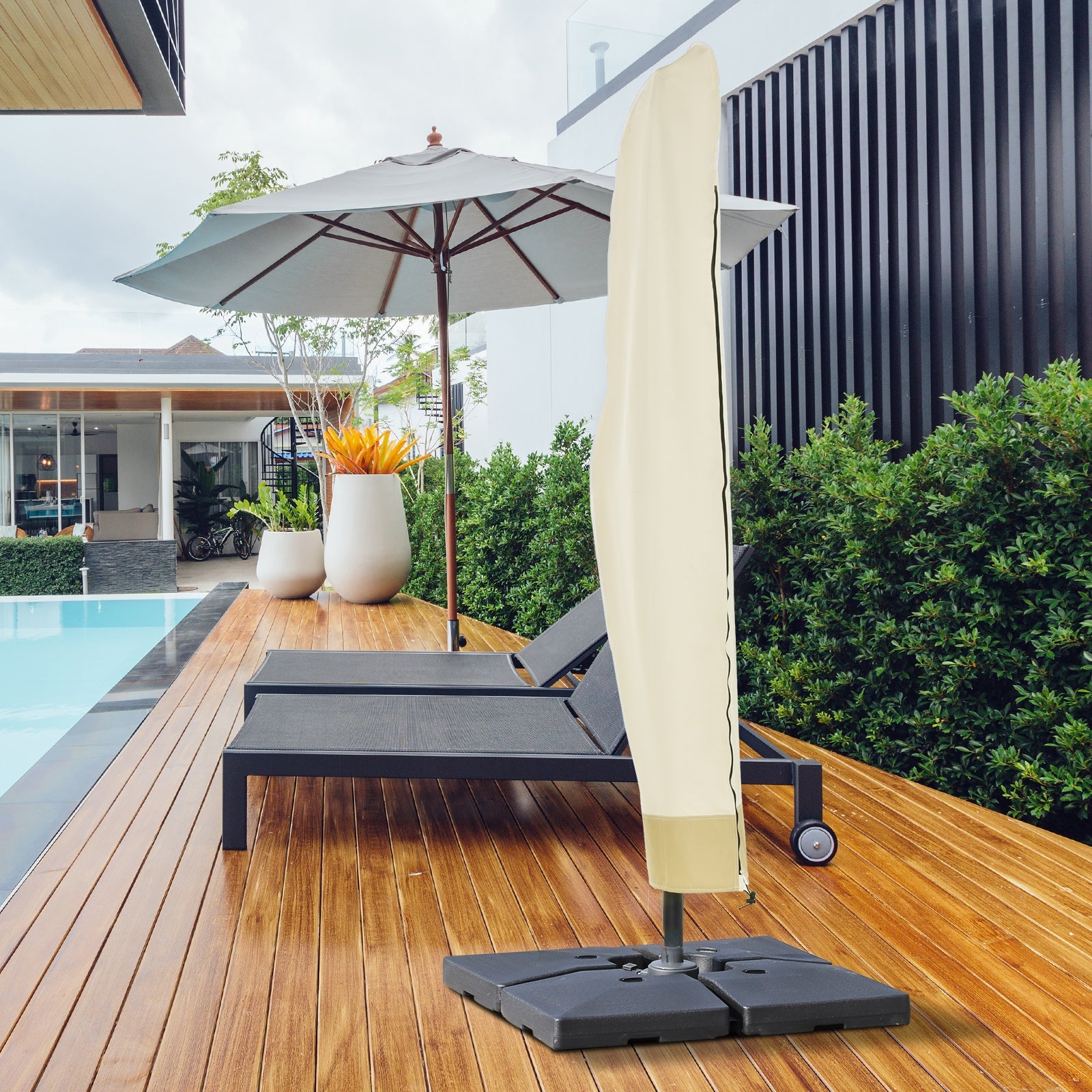 Outsunny Beige & Coffee Patio Offset Umbrella Cover 86.6" Outdoor Furniture Protector Durable Patio Accessory
