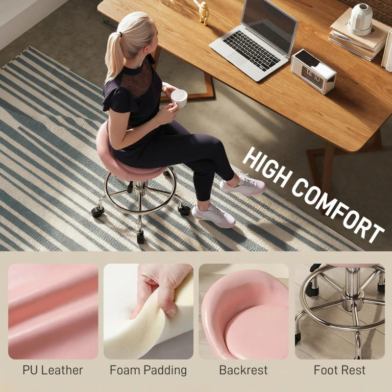 PU Leather Rolling Stool, Height Adjustable Swivel Salon Chair with Backrest and Foot Rest for Spa, Tattoo, Pink