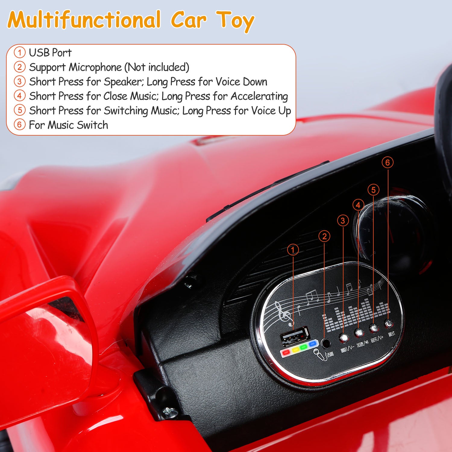 Kids Electric Ride On Car with Parental Remote Control Early Education Music Car Lights Connection Sound Button 3 Speeds