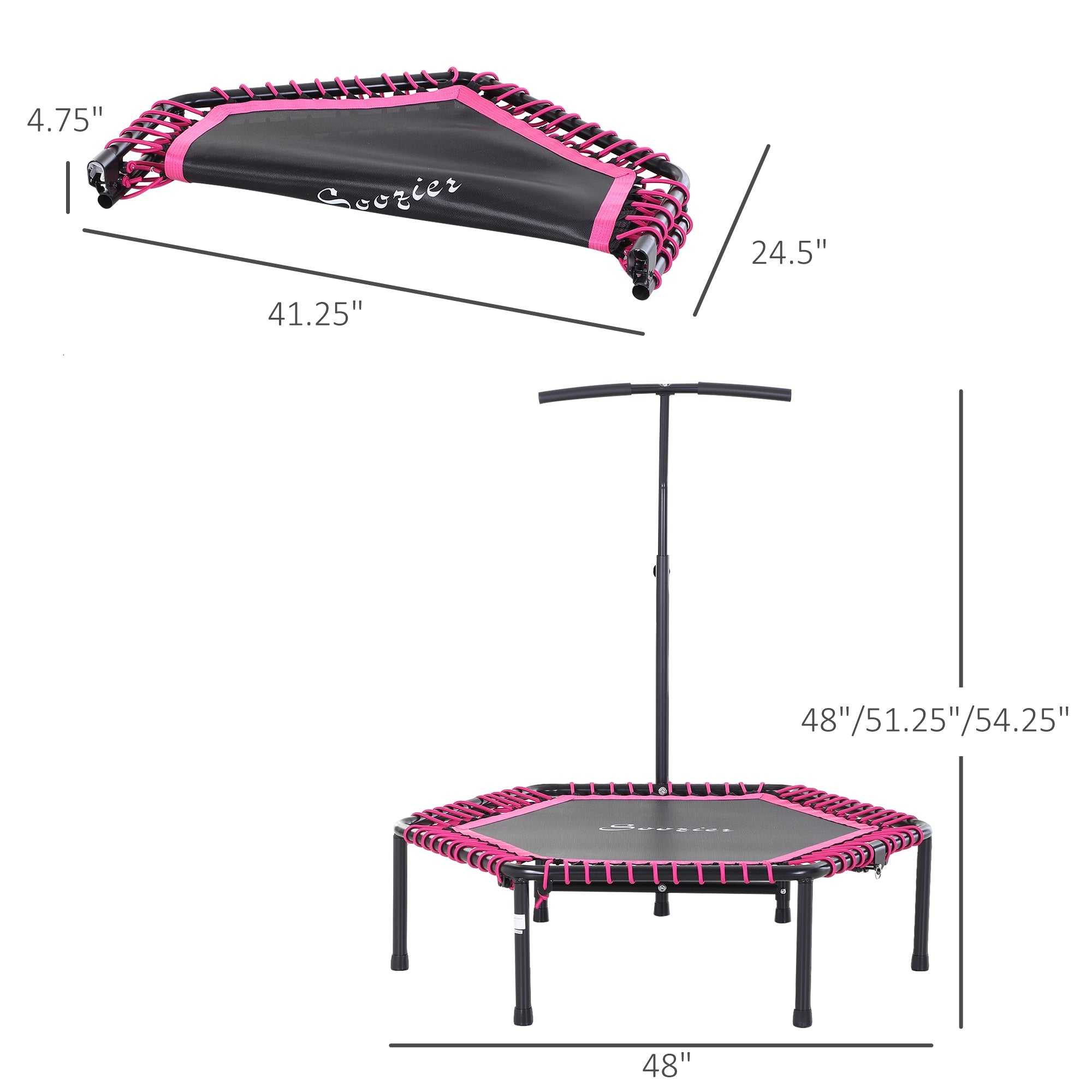 Soozier Hexagon Mini Trampoline 48" Adult Fitness Rebounder with Adjustable Handle Pink Cardio Trainer Outdoor Bouncer