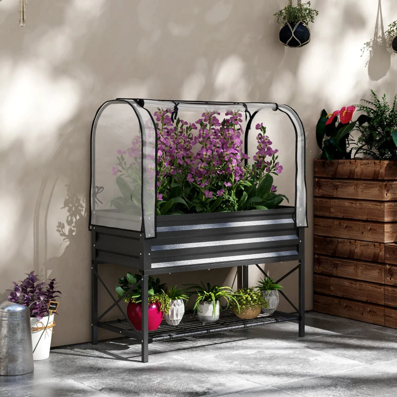 Raised Garden Bed with Cover, Metal Elevated Planter Box with Bottom Shelf and Liner, Black