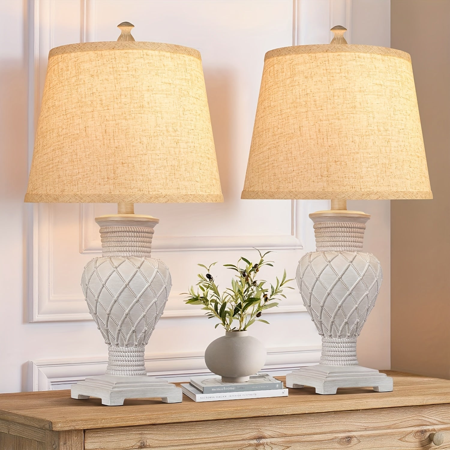 Tradition Table Lamp Set Of 2, Farmhouse Boho Bedside Lamps with 3-Color Temperature LED Bulbs