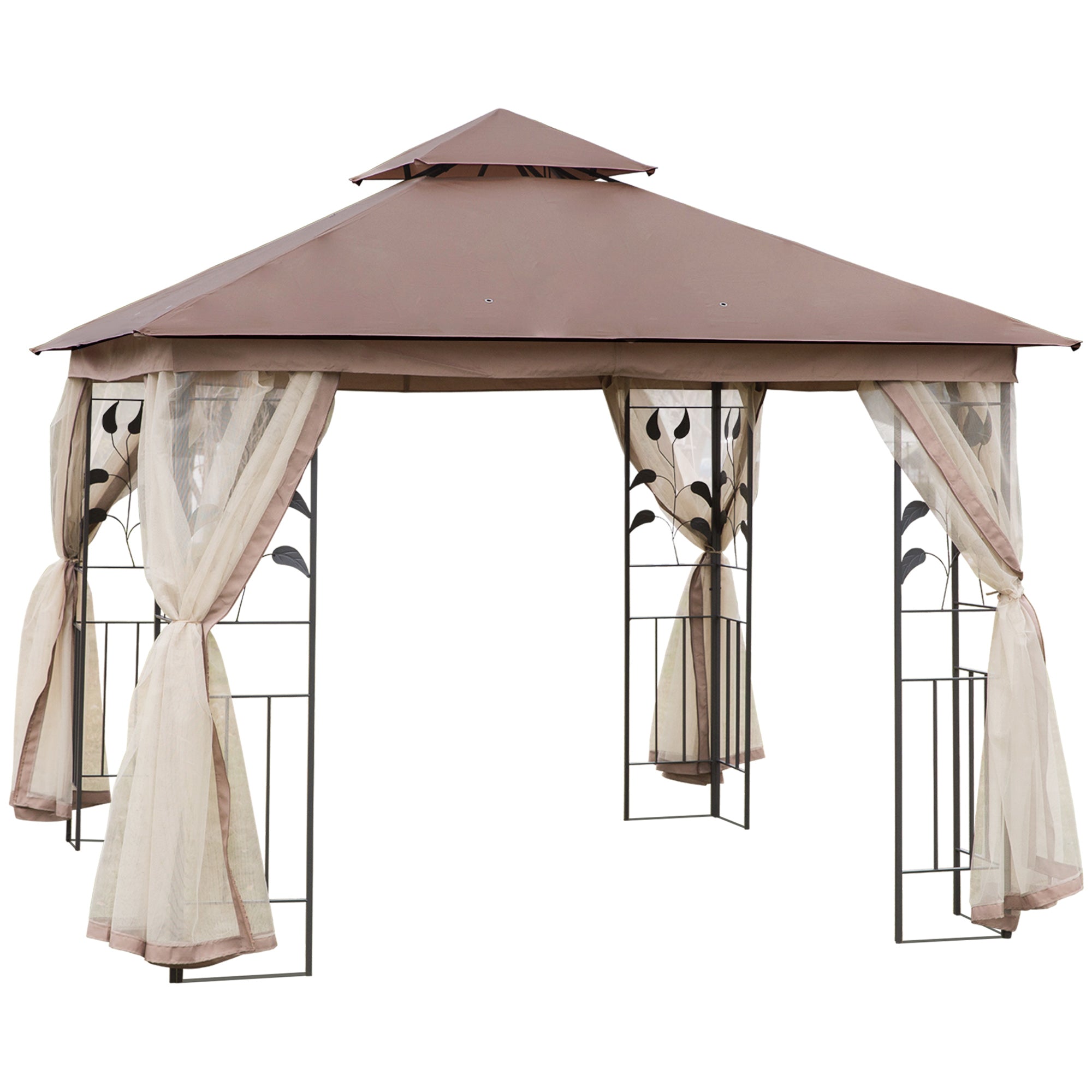 Outsunny 10'x10' Patio Gazebo Outdoor Canopy with 2-Tier Polyester Roof Mosquito Netting Brown