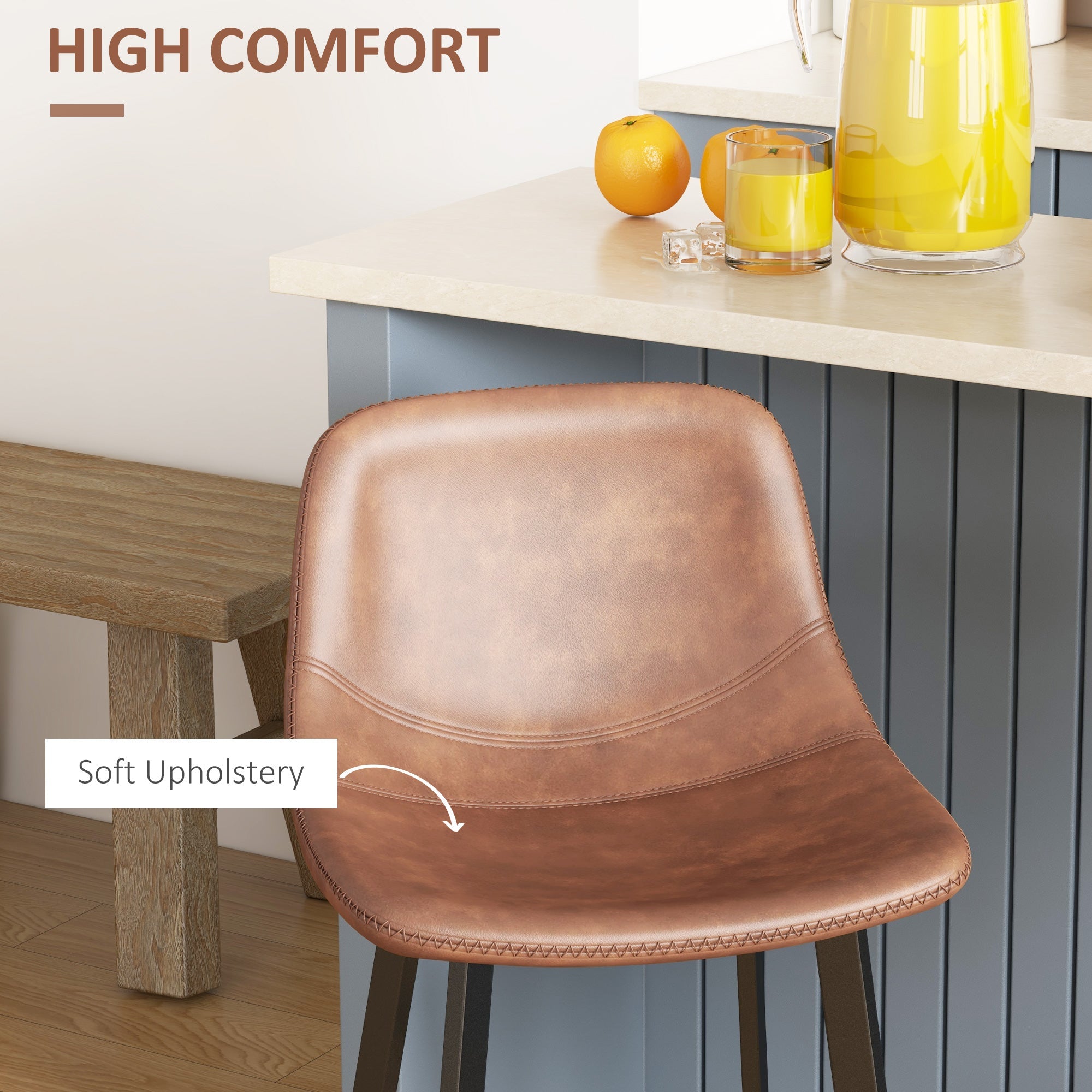 HOMCOM Counter Height Stools Set of 2 Upholstered Kitchen Stool with Back and Steel Legs for Kitchen