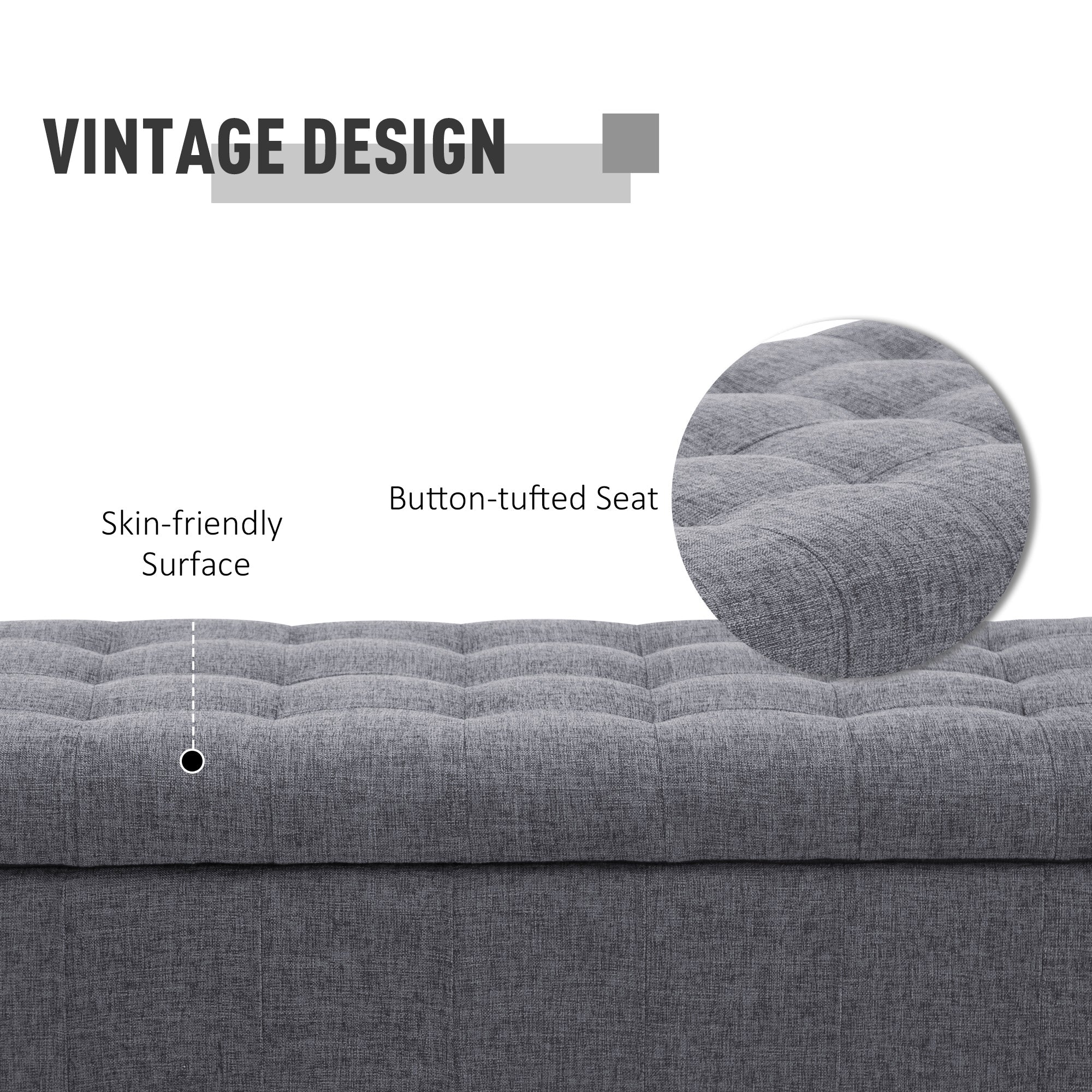 HOMCOM Storage Ottoman Bench: Tufted Linen Fabric, Soft-Close Lid for Cozy Seating, Grey