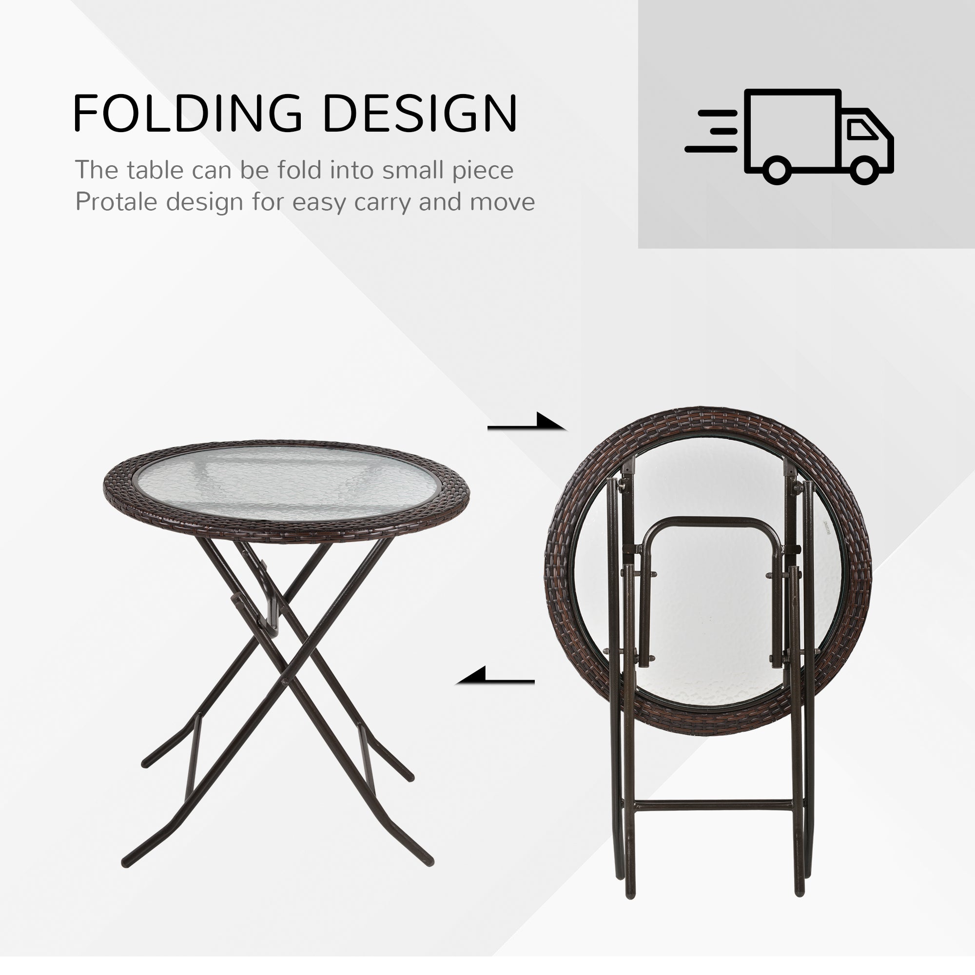 Outsunny Folding Round Table Tempered Glass Metal with Rattan Edging Brown