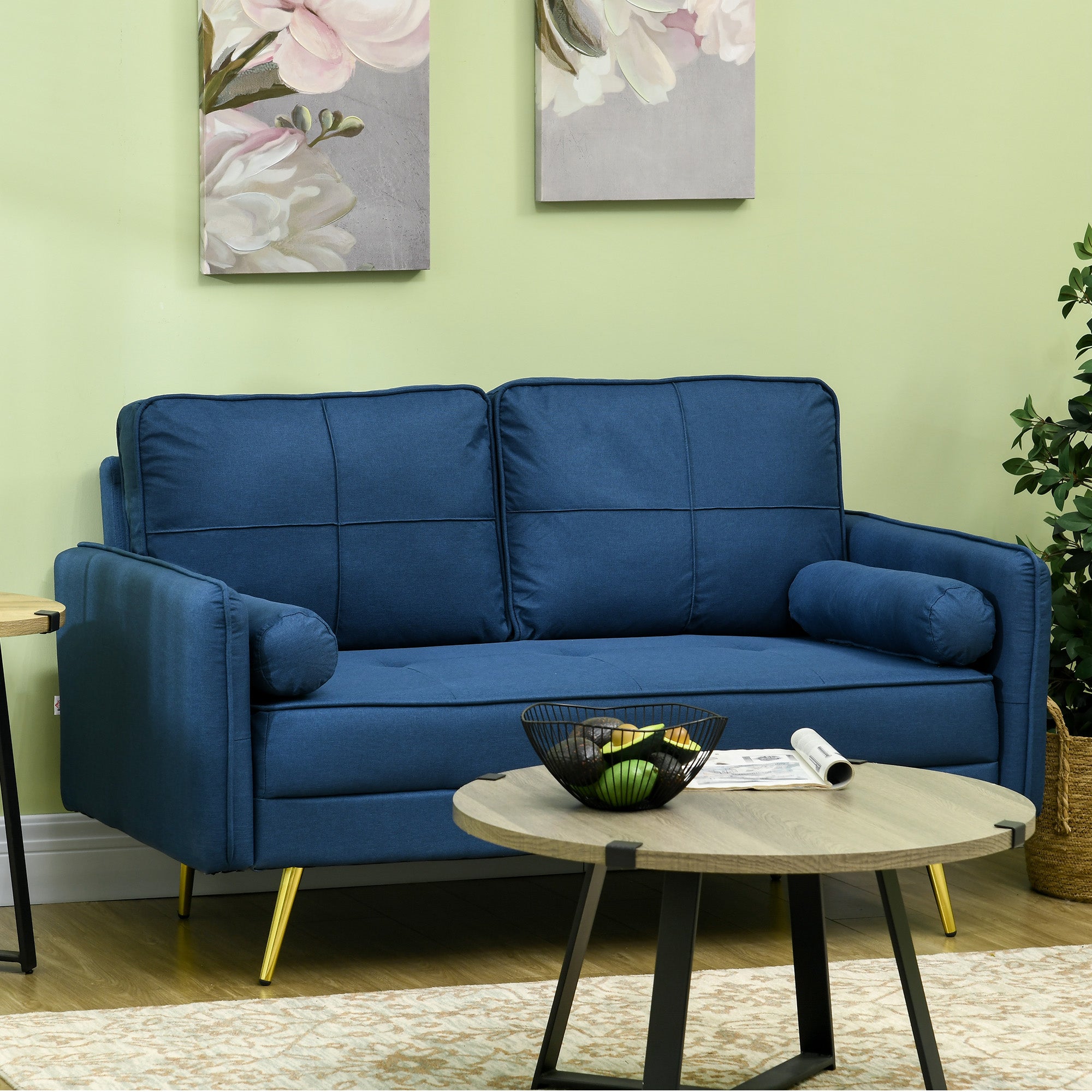 HOMCOM 56" Upholstered 2-Seater Loveseat: With Back Cushions and Pillows for Bedroom, Blue