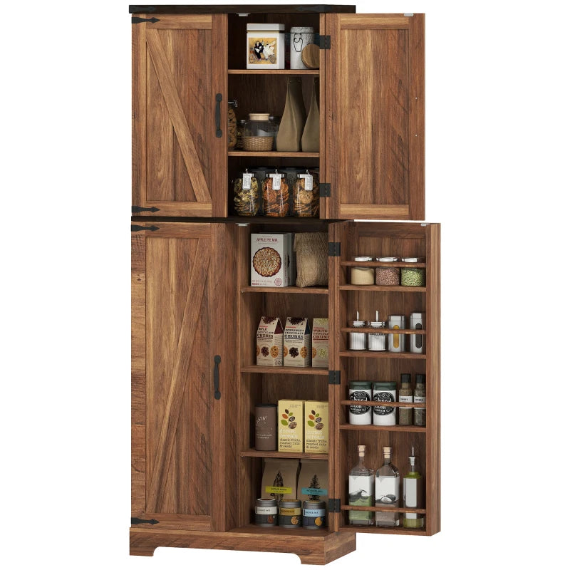 64" Tall Kitchen Pantry Cabinet with Spice Racks and Adjustable Shelves, Brown Wood Grain