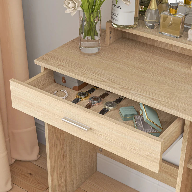 Vanity Desk with Mirror, Makeup Vanity w/ Drawer, Open Compartment and Shelves, Cabinet, Adjustable Shelves for Bedroom