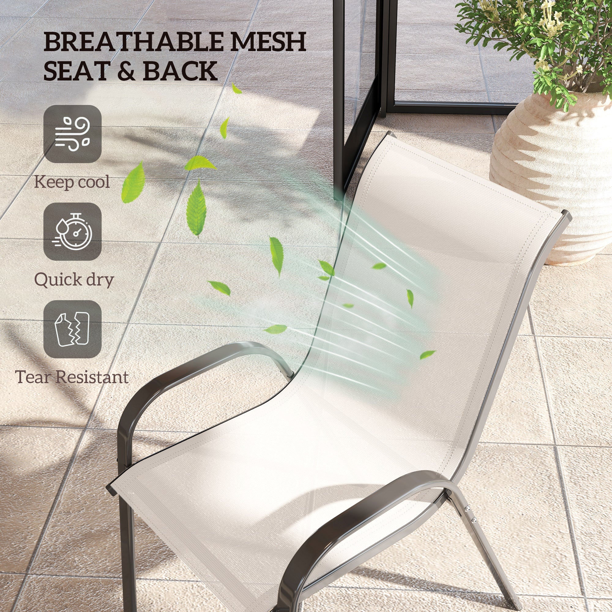 Outsunny Set of 2 Outdoor Dining Chairs, Stackable Lawn Chairs with High Back, Breathable Mesh Seat for Garden Porch, Light Grey