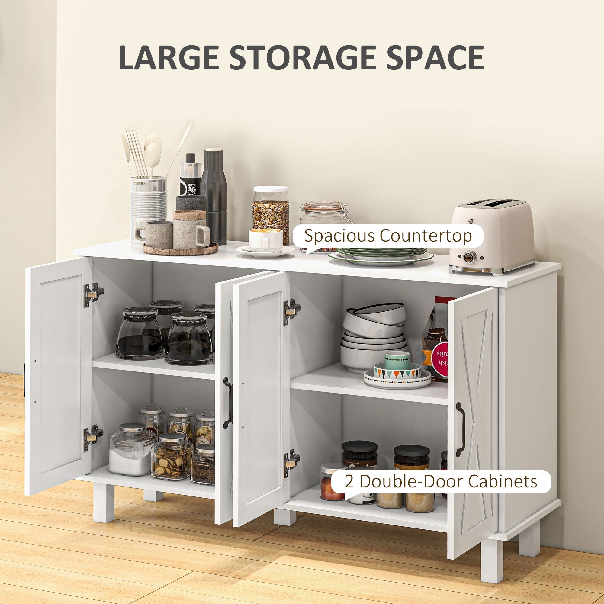 HOMCOM White 4-Door Buffet Table: Kitchen Sideboard Bar Cabinet with Barn Doors and 2 Adjustable Shelves for Living Room, Hallway