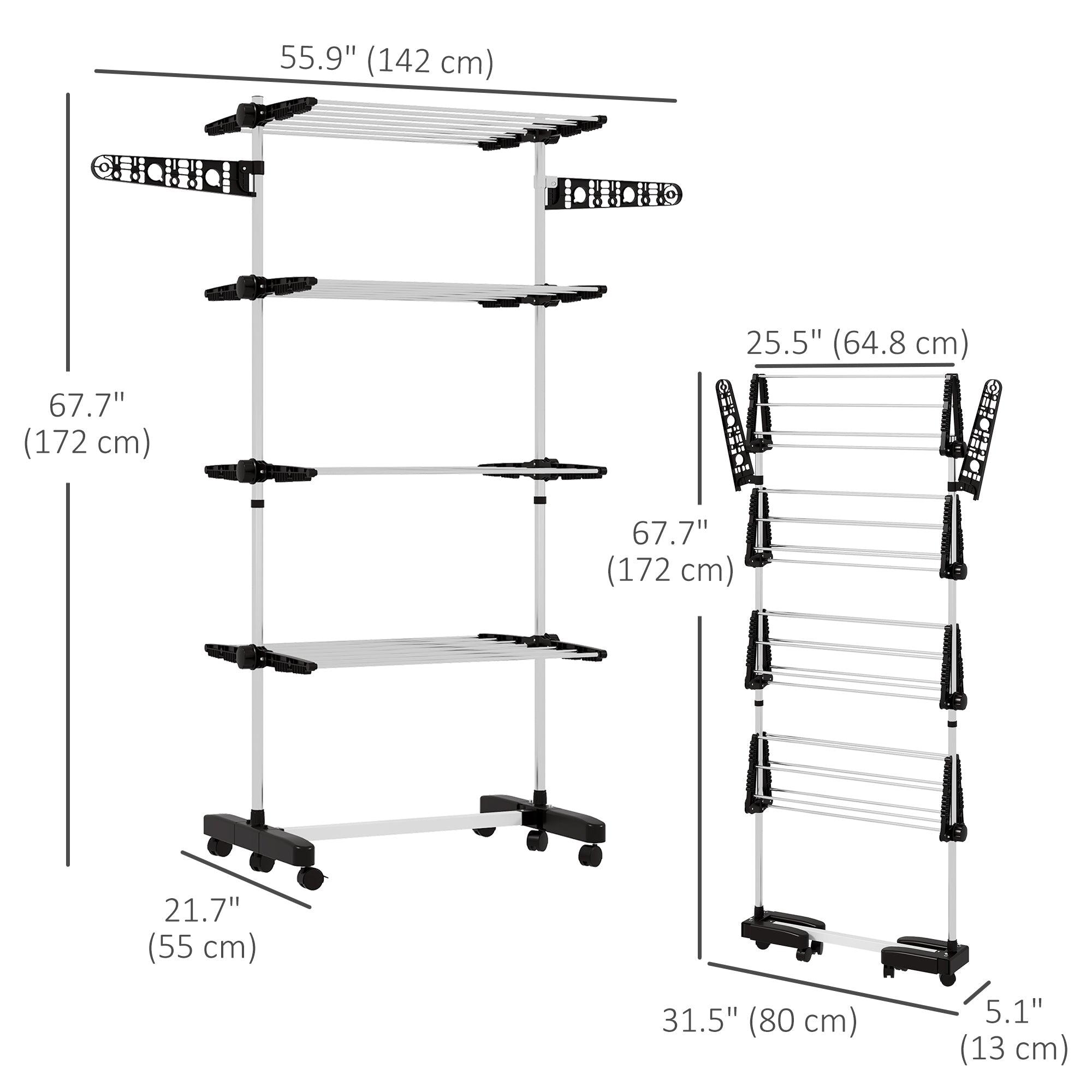 HOMCOM Garment Drying Rack Stainless Steel Folding Clothes Hanging Rack with Side Wings Castors for Indoor Outdoor Black
