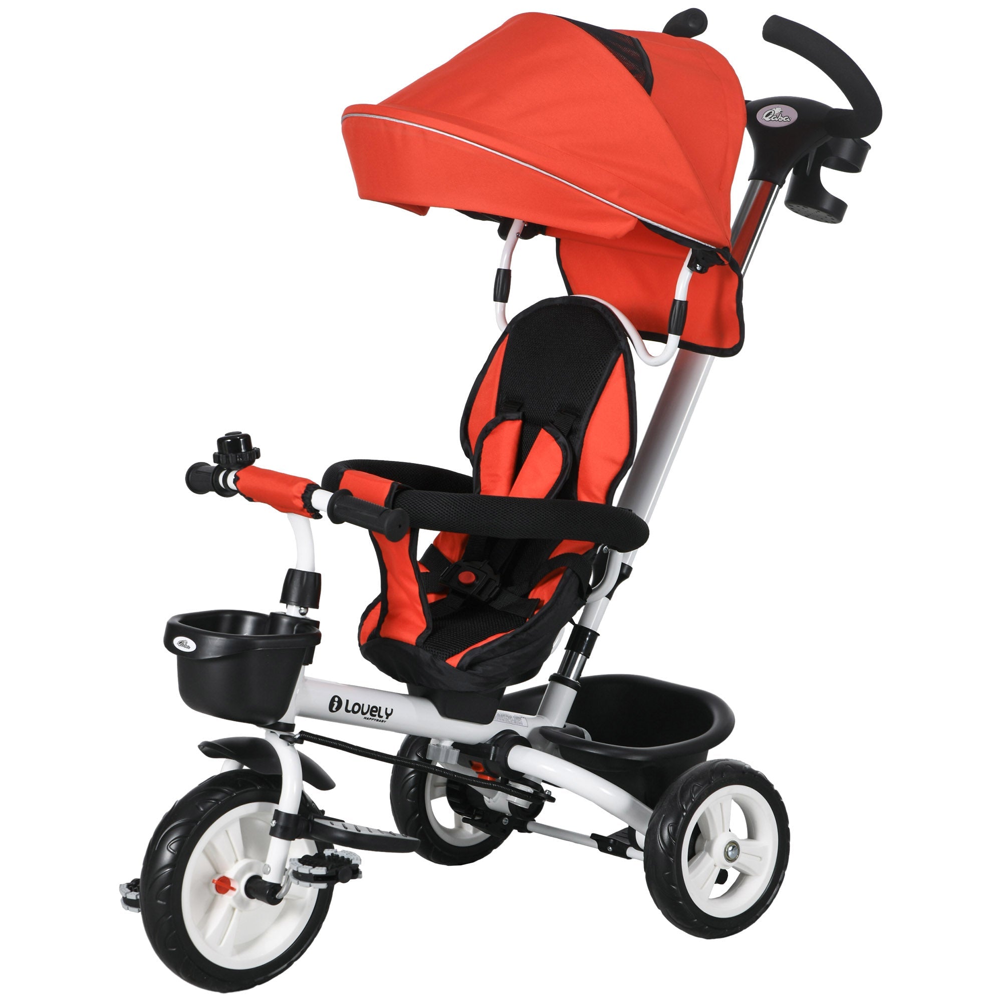Qaba Red 6-in-1 Kids Trike with Parent Control Handle, Canopy, Storage, Cupholder - Outdoor Play Essential