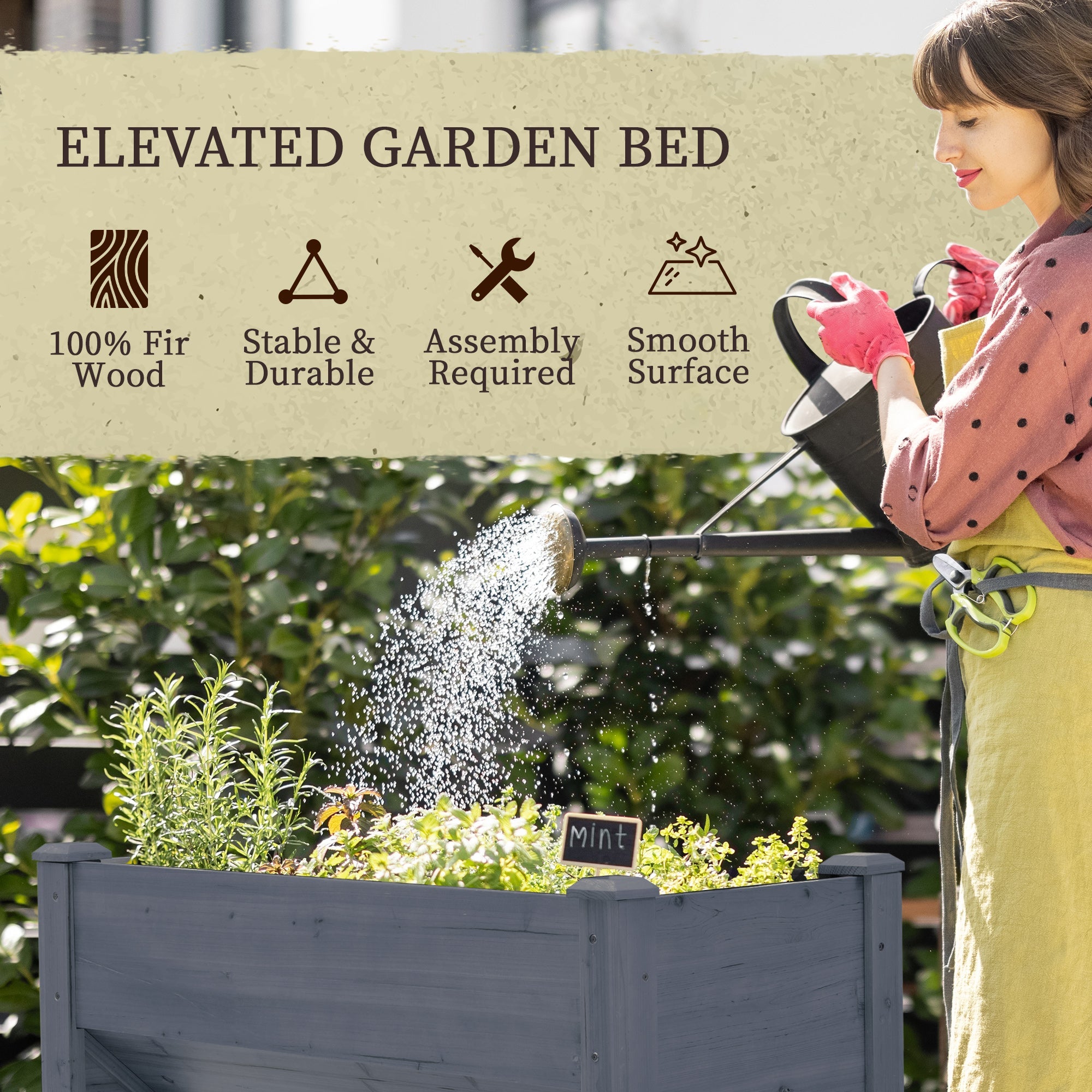 Outsunny Tall Wooden Plant Stand - Outdoor Raised Flower Bed Box with Hooks, 48"x24"x32", Grey
