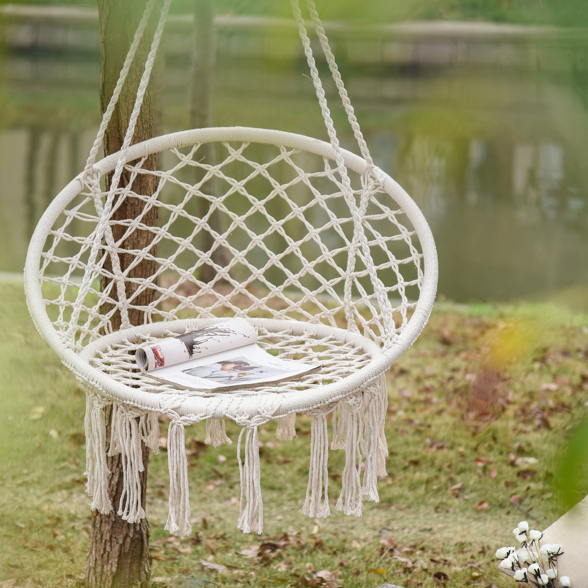 Outsunny Hammock Chair Hanging Rope Swing Indoor Outdoor Backrest Cotton Polyester Fringe Tassels Cream White