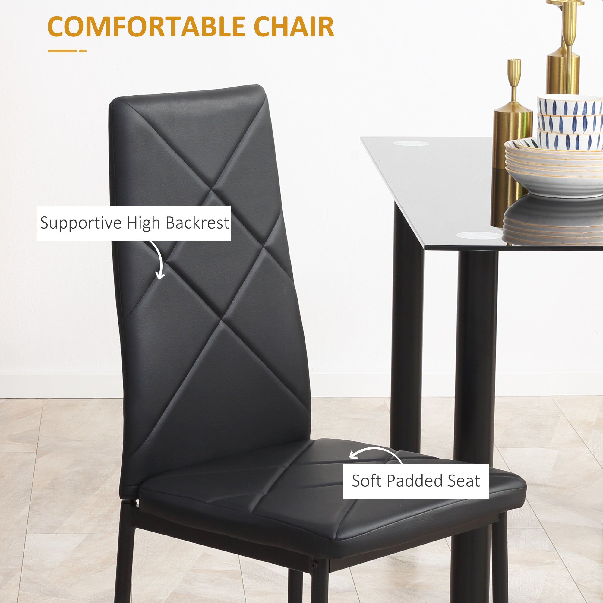 HOMCOM Dining Table and Chairs Set for 4, Modern 5 Pieces Kitchen Table Set with Glass Table, Padded Seat and Steel Frame