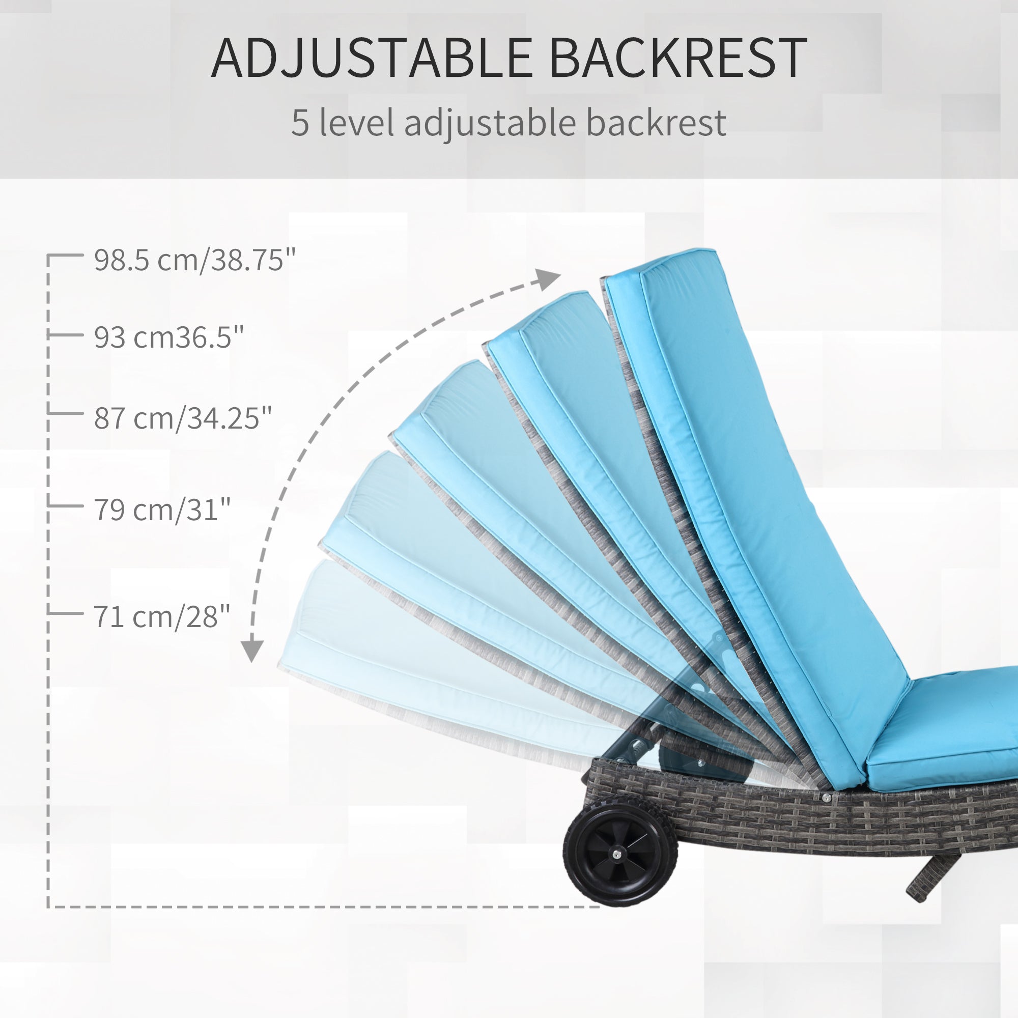 Outsunny Wicker Chaise Lounge Outdoor Adjustable 5-Level Backrest S-Shape Rattan Lounger with Cushion Wheels