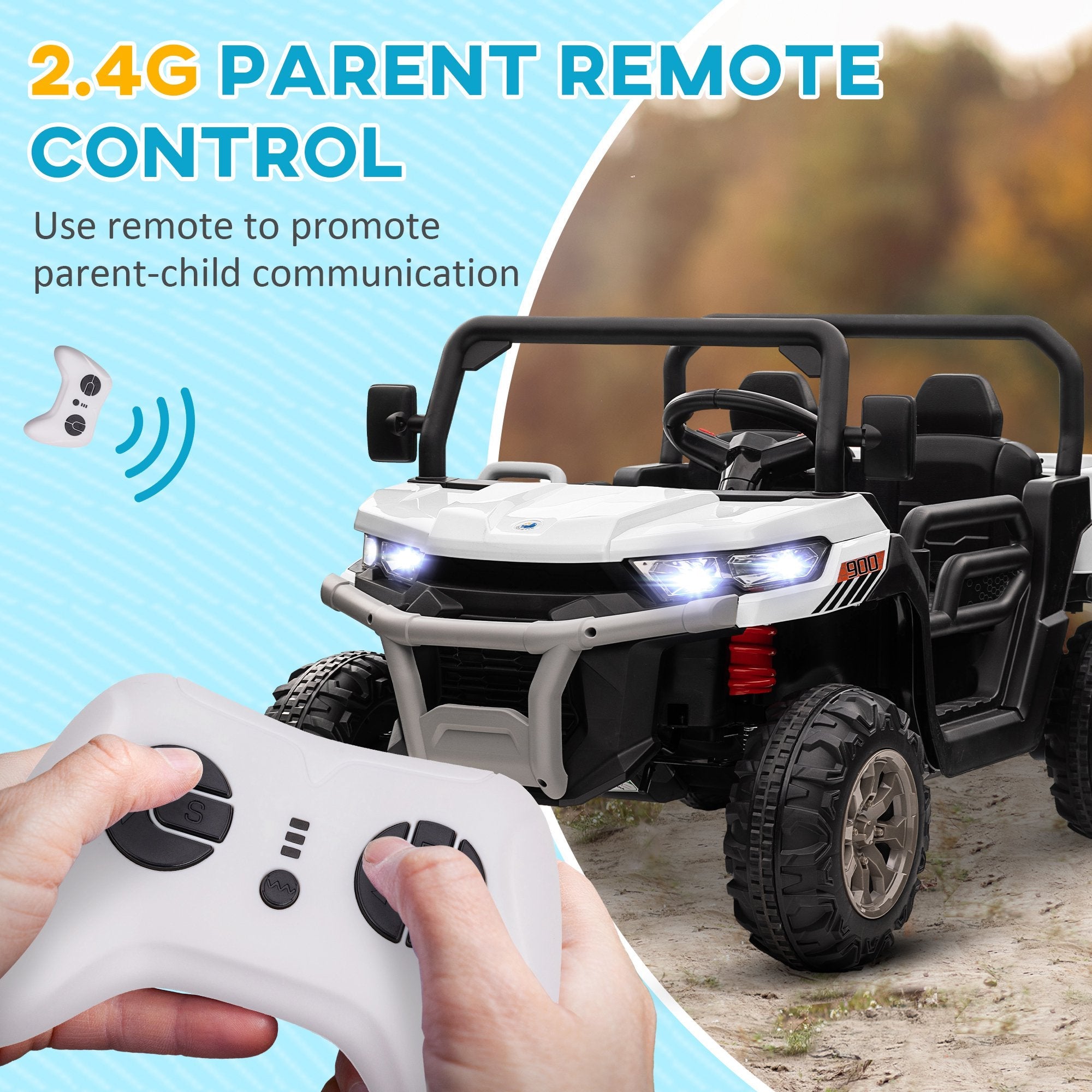 Aosom 12V Ride-On Car 2-Seater Electric Bucket Shovel Remote Control Spring Suspension Horn Music White