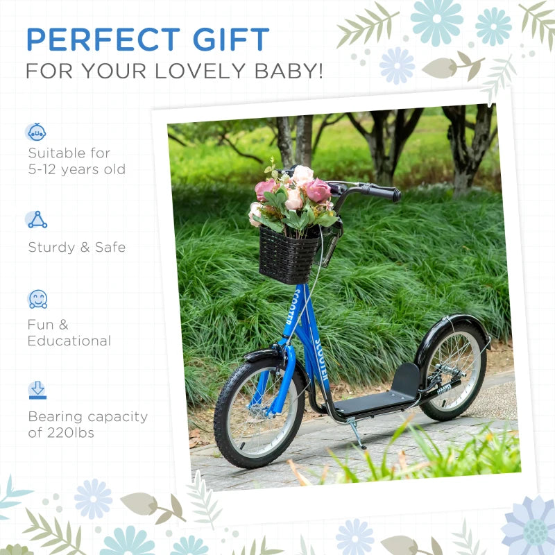 Aosom Kick Scooter with Adjustable Handlebar, Kids Scooter with 2 Brakes Basket Cupholder 16" Inflatable Rubber Tyres Blue